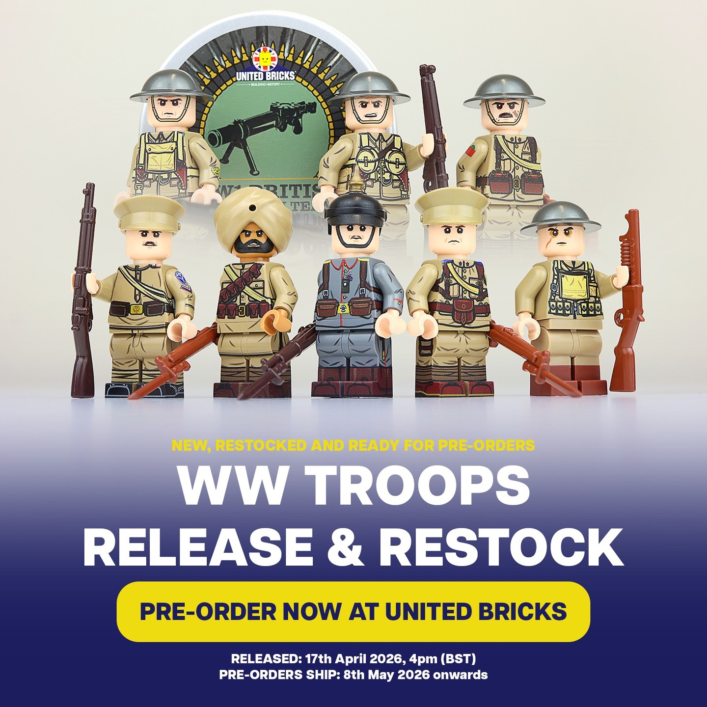 New Recruits: The Great War of UB - NEW & RESTOCKED WW1 Minifigures available for Pre-order NOW!
We're re-visiting WW1 to bring you our WW1 Troops Restock & Release - containing 4 NEW Minifigures, 1 NEW Army Builders and 2 RESTOCKED Minifigures!
👉 www.unitedbricks.com/new-products
Orders containing these pre-order minifigures will ship from 8th May 2026 onwards.
Comment down below which Minifigure your going to pre-order...or which Minifigure you want to see restocked next 👀
-
#unitedbricks #lego #minifigures #afol #brickarms #customlego #militaryminifigs #ww1 #fridaydrop