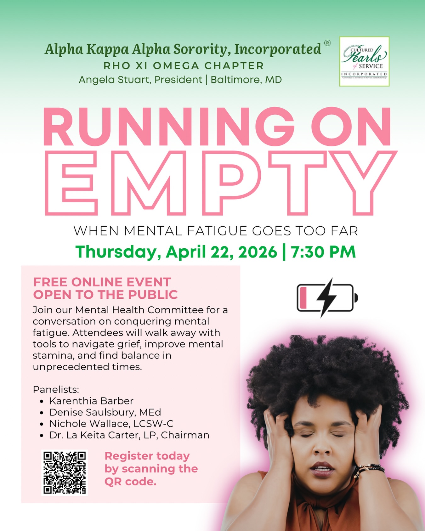 Gas is $4 a gallon. Gas and electric bills are sky high. And for many of us, everything feels like itโs running on E.
When life wonโt slow down, we have to build the tools to keep going. Real resilience. Space to process grief. Strategies to restore our stamina.
Join Rho Xi Omegaโs Mental Health Committee for
โRunning on Empty: When Mental Fatigue Goes Too Farโ
๐ CORRECTION: Wednesday, April 22
๐ข 7:30 PM
This is a safe space to reset, reflect, and recharge. Because you deserve support, not just survival.
Open to the public. We care, and we are here for you. ๐
#AKA1908 #RXO1988