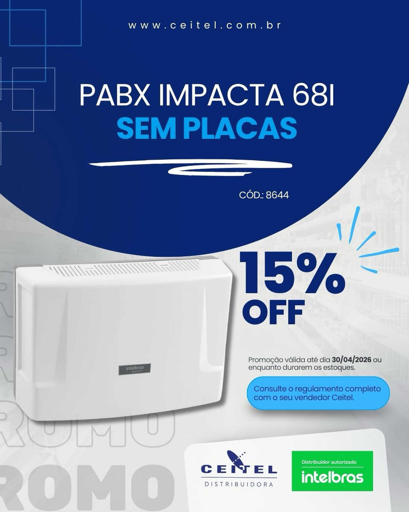 📡 Mais capacidade para o seu sistema de telefonia!
O PABX Impacta 68i oferece flexibilidade e desempenho para empresas em crescimento, garantindo uma comunicação organizada e eficiente.
Garanta agora com 15% OFF.
#ceiteldistribuidora #PABX #telefonia #tecnologia #intelbras