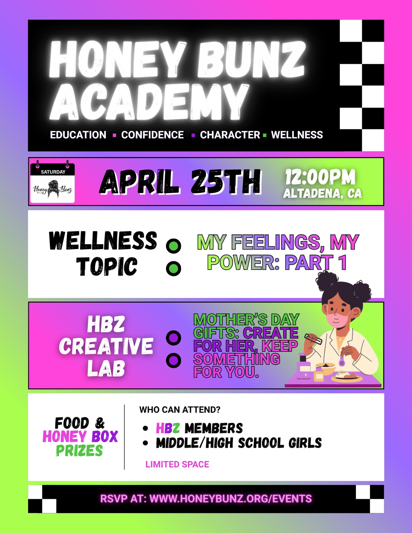 Wellness starts from within 🌿💚
April 25th | HBZ Academy
My Feelings, My Power (Part 1)
Helping girls understand their emotions, regulate what they feel, and care for their inner world.
💐 DIY Mother’s Day gifts—something for her + something for you
✨ Middle & high school girls
✨ Food & Honey Box prizes
⚡ Limited space
Link in bio
#HBZAcademy #GirlsWellness #EmotionalWellness #YouthDevelopment #HoneyBunz