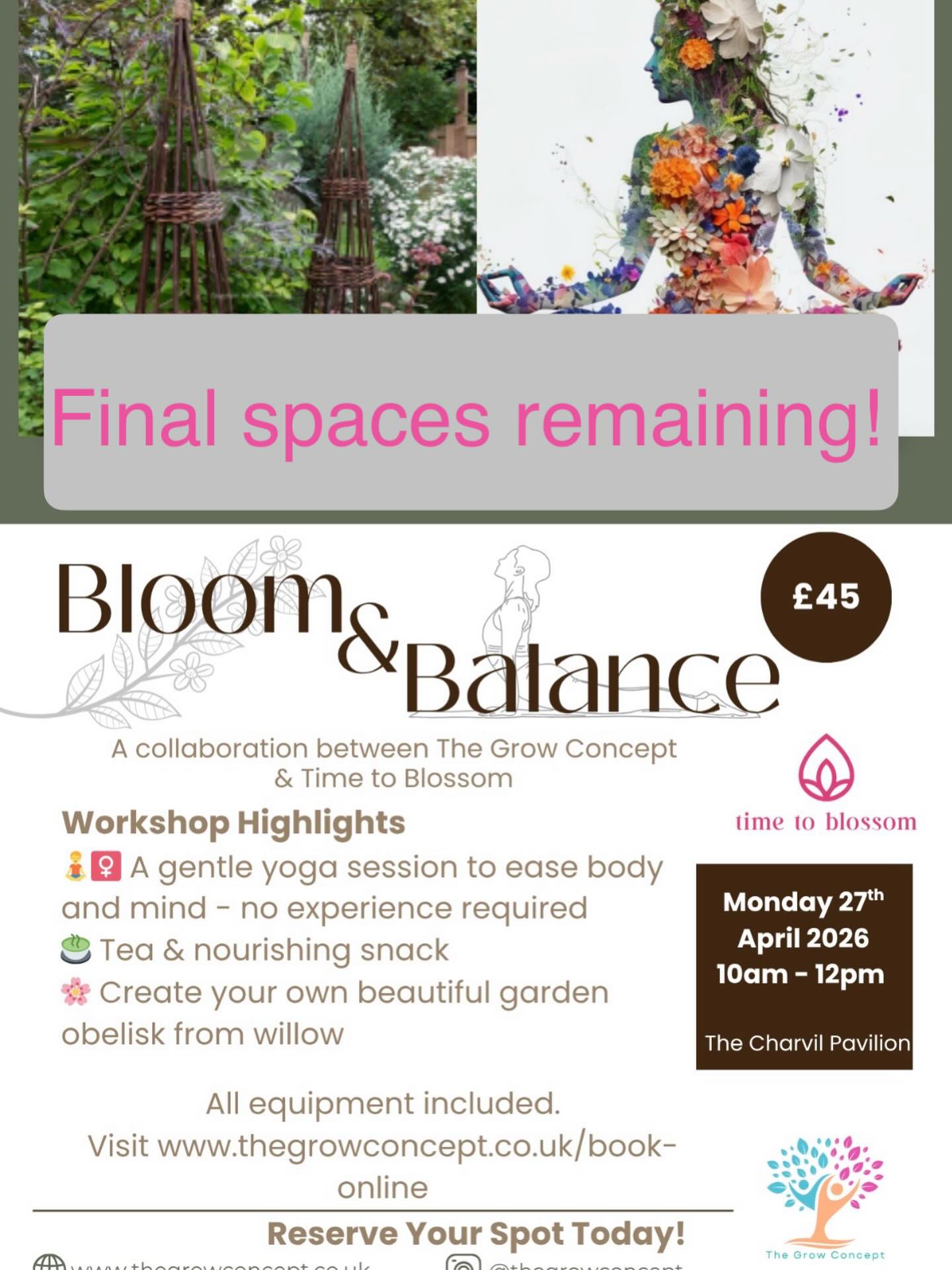 🌸 Bloom & Balance Workshop 🌿 FINAL SPACES REMAINING
Step into a morning of creativity, calm, and connection with our Bloom & Balance Workshop — a beautiful collaboration between @timetoblossomwithannie and @thegrowconcept.
🗓 Monday 27th April
⏰ 10:00am – 12:00pm
💷 £45 per person
Join us for a unique experience combining:
✨ Obelisk making – craft your own stunning garden feature to support your climbing plants and bring structure and beauty to your outdoor space.
🧘♀️ Yoga session – slow down, stretch, and reconnect with your body and breath in a calming guided flow.
This workshop is designed to help you feel grounded, inspired, and ready to grow — inside and out. No experience needed, just come as you are.
🌼 Let’s bloom, balance, and create together.
