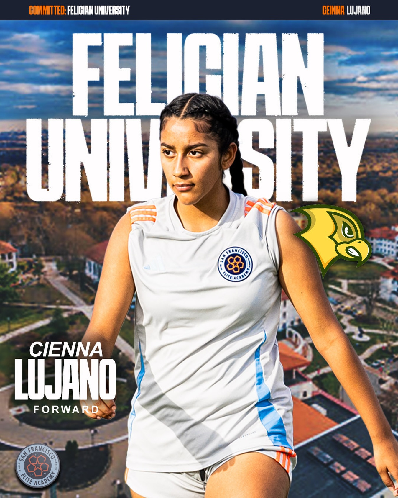 There are forwards who play the game… and forwards who impose themselves on it.
Cienna falls into that second group. Strong, direct, and never easy to deal with. She makes defenders work every second, using her physicality to hold space, win battles, and turn moments into chances.
She brings a presence up top that forces teams to adjust. Tough to move, tough to contain, and always pushing the line forward.
Felician, you’re getting a forward who competes for everything and makes life difficult for anyone in front of her.
Golden Falcons, enjoy the fight.
#ForTheBay | #SiempreComoUno