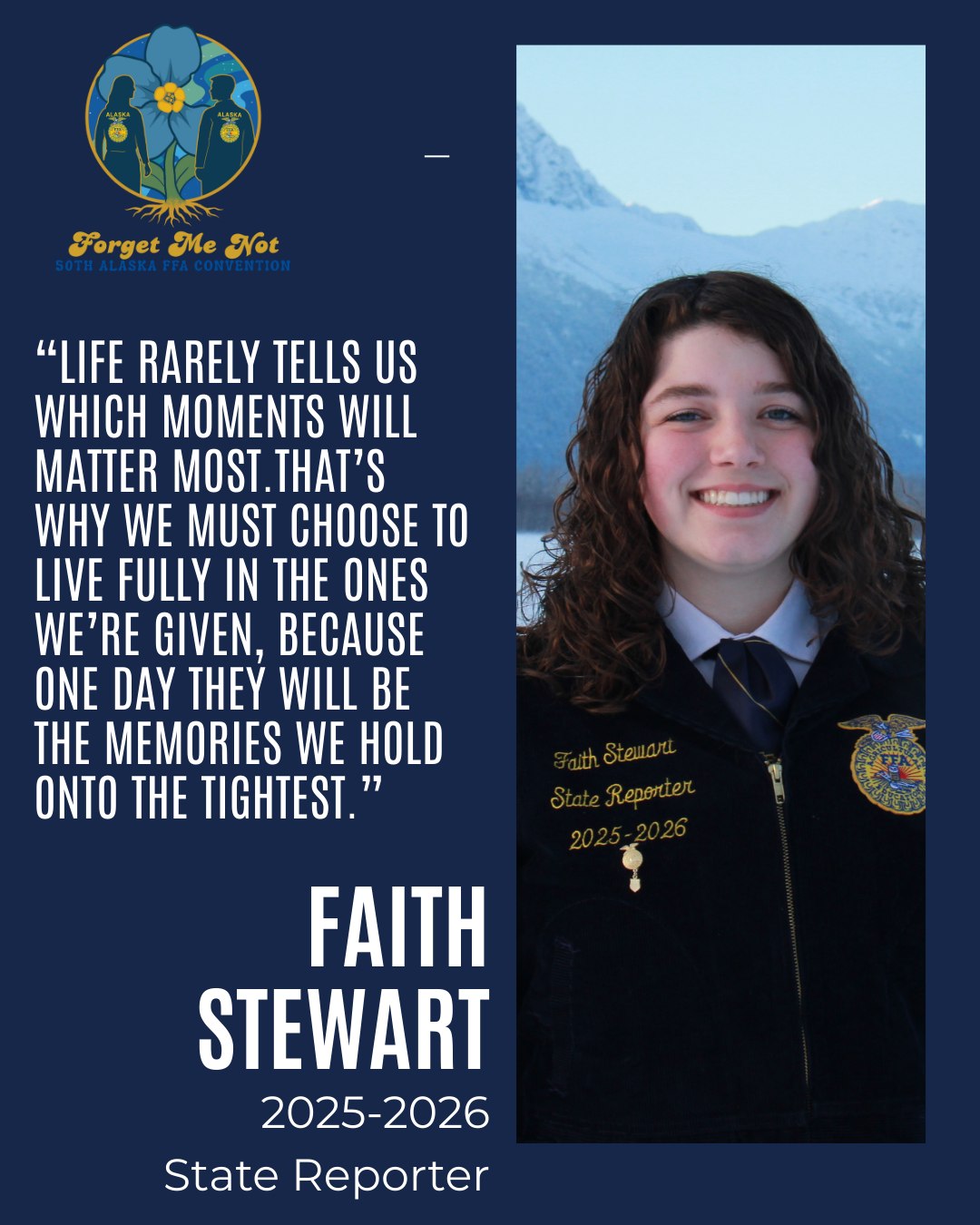 Thank you Faith Stewart, for your year of service to this association! Alaska FFA, your 2025-2026 State Reporter!