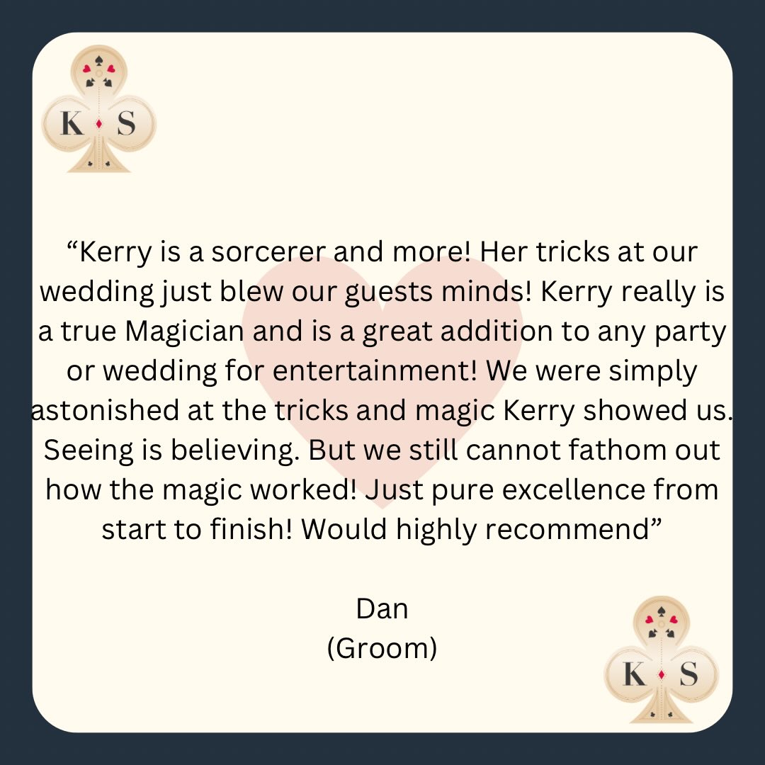 A lovely review from a recent wedding π₯°π₯°
If you have had amazing service from a small business please do leave a review β€οΈβ€οΈ
I can guarantee it makes us feel all warm and tingly inside plus it makes potential new customers feel at ease when they read reviews like this ππ
If you have seen me in action please do leave me a google review. DM me for the link or just google Kerry Scorah Magician.
Thank you ππ