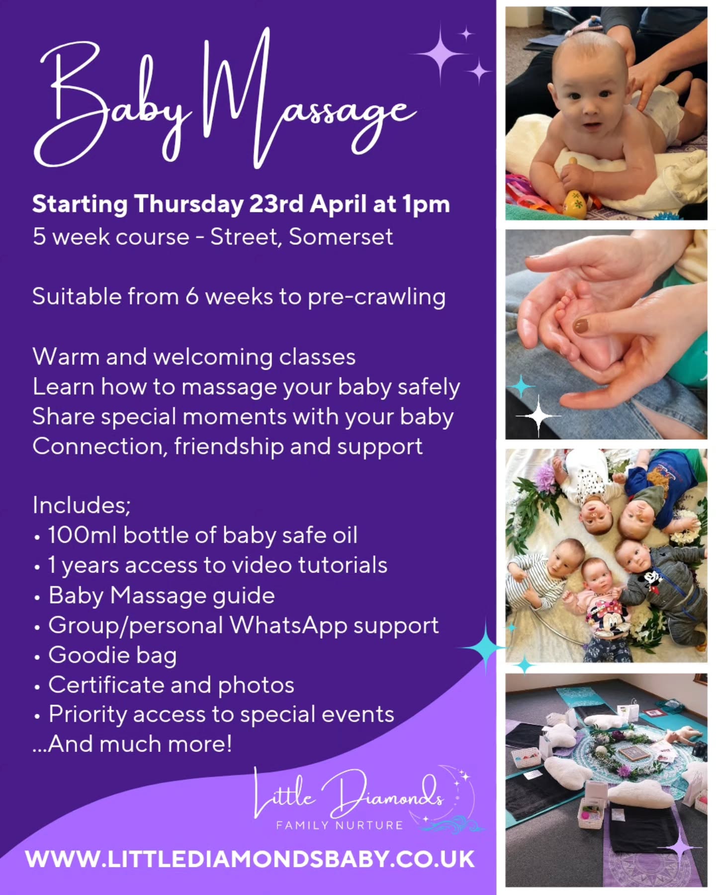 💜 5-Week Baby Massage Course 💜
New venue, means new opportunity for extra classes!
First up is an additional Baby Massage Course on Thursdays at 1pm, starting April 23rd.
The perfect introduction to parent and baby classes, you can expect to not only learn how to massage your baby and all of it's wonderful benefits, but to be held and supported through your early days of parenthood.
For parents who want to slow down, connect and feel the benefits themselves, this class really is more than just baby massage.
For parents who find the idea of big loud classes overwhelming.
For parents who want a completely judgement free environment to just be themselves.
Suitable for babies from 6 weeks to pre-crawling.
📅 Thursday 23rd April 1-2pm
📍Little Diamonds, Crispin Hall, Street
🎟 https://bookwhen.com/littlediamonds/e/ev-skfp3-20260423130000
✨️ If you have any questions, feel free to drop me a message.
I look forward to welcoming you to our community 😊
Julie x