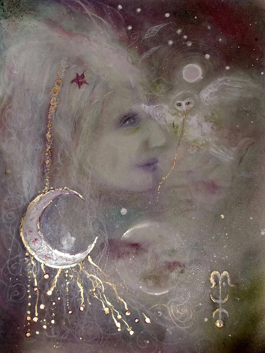 "Manabrura: The Weaver of Worlds." Pastel, alcohol ink, mica spray, gold leaf, dabs and daubs of acrylic and oil when I felt frisky on 18x24 mixed media paper. My first commissioned Veil&Vision spiritual guardian. Need to finish writing her ritual and message, frame, and then she goes to her rightful owner. It's been fun hanging out with her and I've had wild dreams while working on this piece #veilandvision #soulportraits #visionaryart #paintingismagic #artheals #spiritualguardian #mythology #mixedmedia #fantasyart #owlsofinstagram
