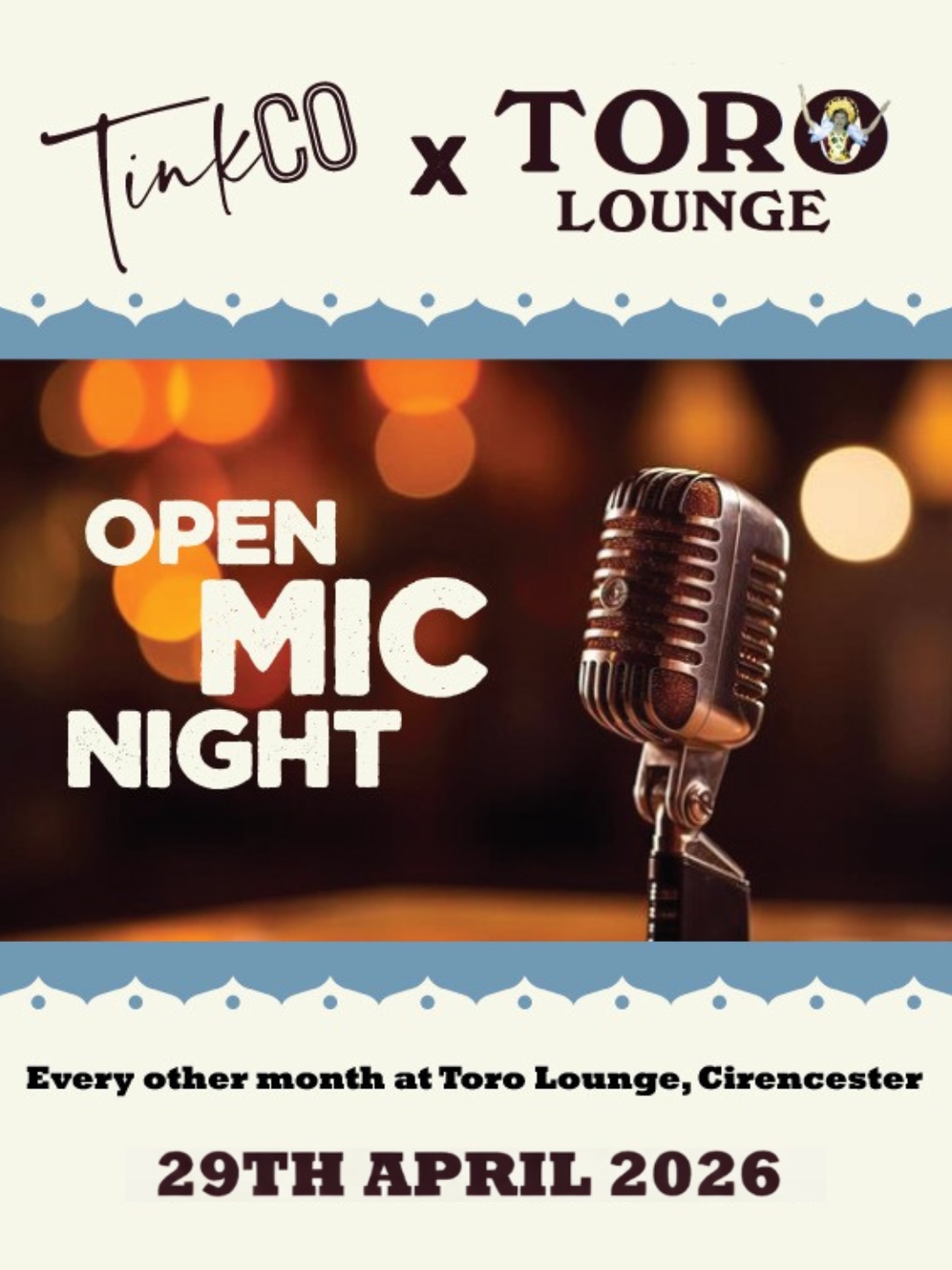 🎤✨ TinkCo Open Mic Night is back!
Join us on 29th April 2026 at the fabulous @toro_lounge for our next Open Mic Night, a night packed with live music, fun, and everything in between 🎶😂
Whether you’re stepping up to perform or just coming along to enjoy the atmosphere, expect a relaxed evening full of talent, good vibes, and great company!
Got something to share? We want you on stage! Prefer to watch? Get a drink, settle in, and enjoy the show 🍸
📍 Toro Lounge, Cirencester
🗓️ 29th April 2026
Grab your friends and come along 💚
#TinkCo #OpenMic #Cirencester #LiveMusic #SupportLocal