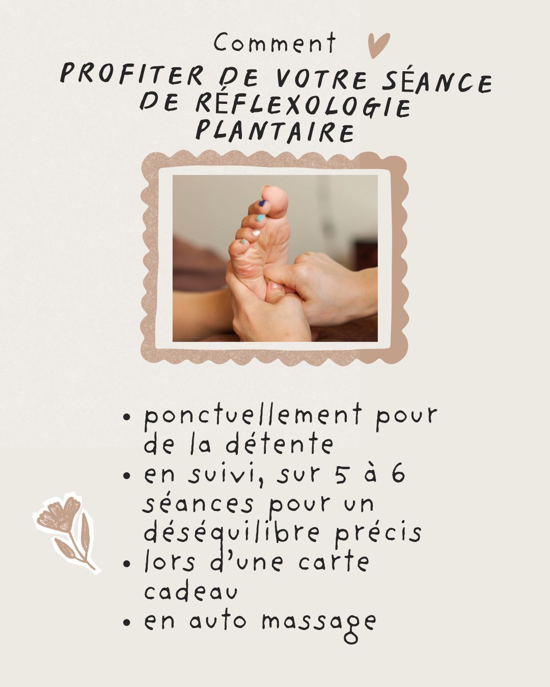 ✨ De quelle manière profiter de votre séance de réflexologie plantaire ?
La réflexologie s’adapte à vos besoins du moment :
🌿 En séance détente
Pour relâcher les tensions, apaiser le mental et vous offrir une vraie pause
🌿 En suivi d’une problématique
Stress, troubles du sommeil, digestion, cycle… un accompagnement personnalisé pour rééquilibrer le corps
🌿 En carte cadeau
Une belle idée pour offrir un moment de bien-être à quelqu’un qu’on aime
🌿 En auto-massage
Apprendre des gestes simples pour prolonger les bienfaits à la maison
✨ Chaque séance est unique, comme vous.
📍 Epione Bien-Être
📩 Réservations en message privé
#reflexologieplantaire #bienetre #soindesoi #detente #santenaturelle #epionebienetre #lacherprise
