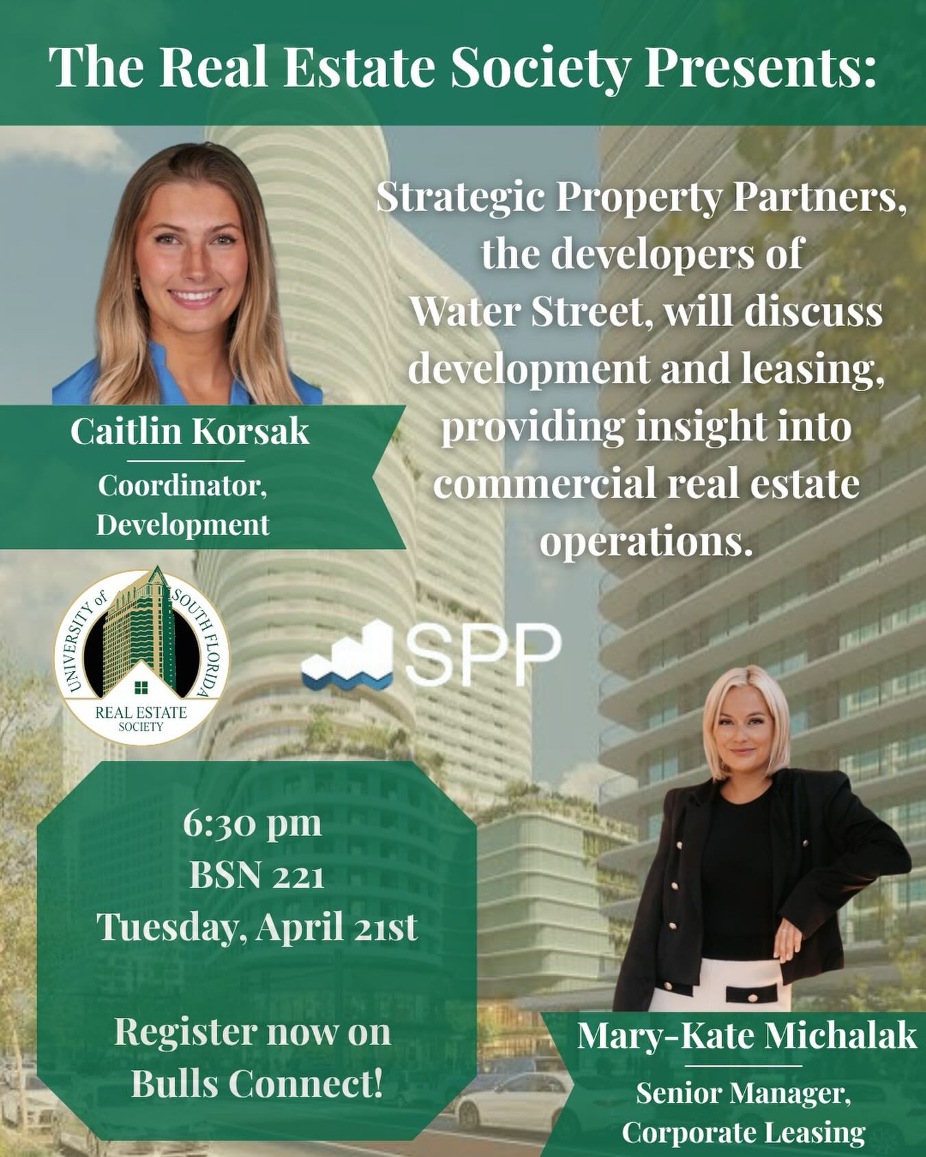 The USF Real Estate Society is proud to host our next event featuring guest speakers from Strategic Property Partners. Join us as we welcome Caitlin Korsak, Coordinator of Development, and Mary Kate Michalak, Senior Manager of Corporate Leasing.
Our speakers will discuss the Water Street Tampa development and leasing operations. This session offers a unique opportunity to gain professional insight into large scale commercial real estate projects and urban development. Whether you are interested in development or brokerage, this event will provide valuable perspectives on how major commercial operations function in the Tampa market.
We look forward to seeing you there for an evening of learning and networking. Go Bulls!
🗓 Tuesday, April 21st
⏰ 6:30 PM
📍 BSN 221
🔗 Register now on Bulls Connect!
#realestate #commercialrealestate #usf #realestatesociety #resusf