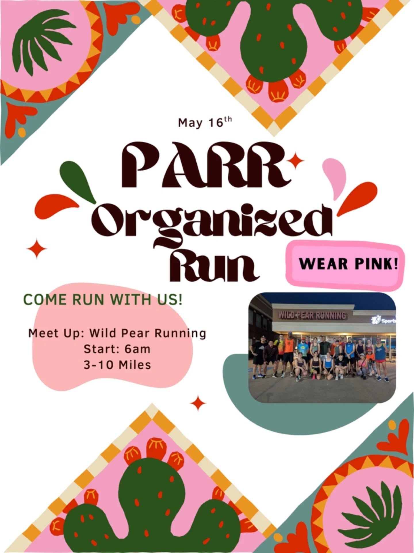 Saturday Morning PARR Run
We are looking forward to another great weekend on the pavement. As the temperatures start to climb, we want to make sure everyone stays safe, cool, and motivated!
Here are the details for this Saturdayās run:
š Where: Wild Pear Running
š
When: Saturday, May 16
ā° Time: 6:00 AM
š Distance: 3ā10 mile options available
š§ Support: Water will be set out at Cullen to help keep you moving.
šø Wear PINK for May Birthdays!
This Saturday, we are celebrating all of our amazing runners born in May! Please wear pink for the run so we can celebrate our May birthdays in style.
š§ Critical Hydration Reminder
Itās officially starting to warm up out there! Please don't wait until Saturday morning to think about fluids.
Start Now: Begin hydrating today and keep it up through Friday.
Electrolytes: Water alone isn't enough when itās humidāmake sure you are incorporating electrolytes to maintain your salt balance and prevent cramping.
During the Run: Carry hydration with you even for the shorter distances!
Letās have a safe, pink-filled, and high-mileage morning! See you all at 6:00 AM.
Happy Running and GO PARR! š§”