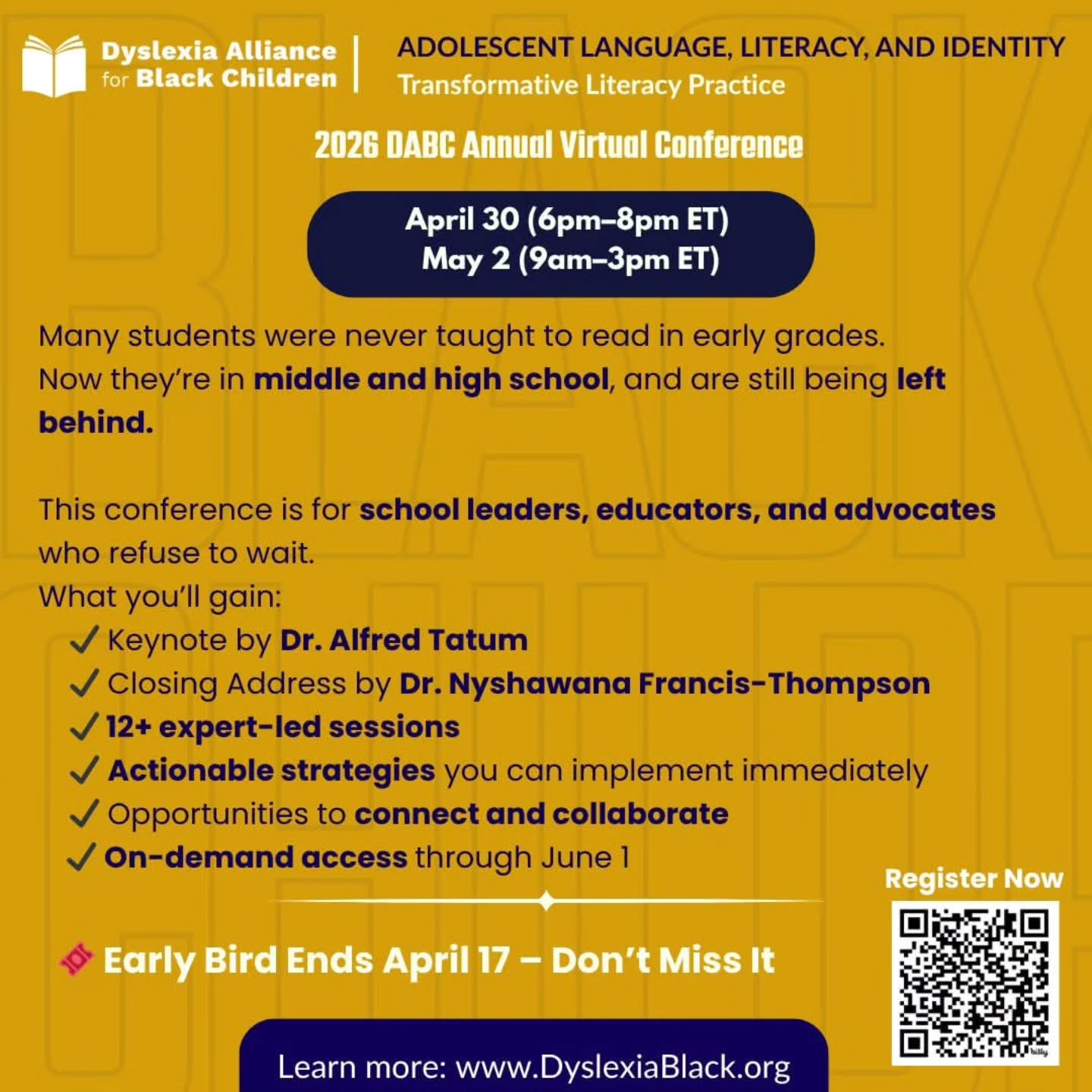 Hey RTD fam, have ya heard? The Dyslexia Alliance for Black Children @dyslexiablack is hosting a conference where you can learn more about supporting Black students’ literacy and learning.
I had the honor of presenting at a past conference, and I highly recommend engaging with their work and this upcoming experience.
#respectthedialect #theculturewespeak #DABC #literacy #equityineducation