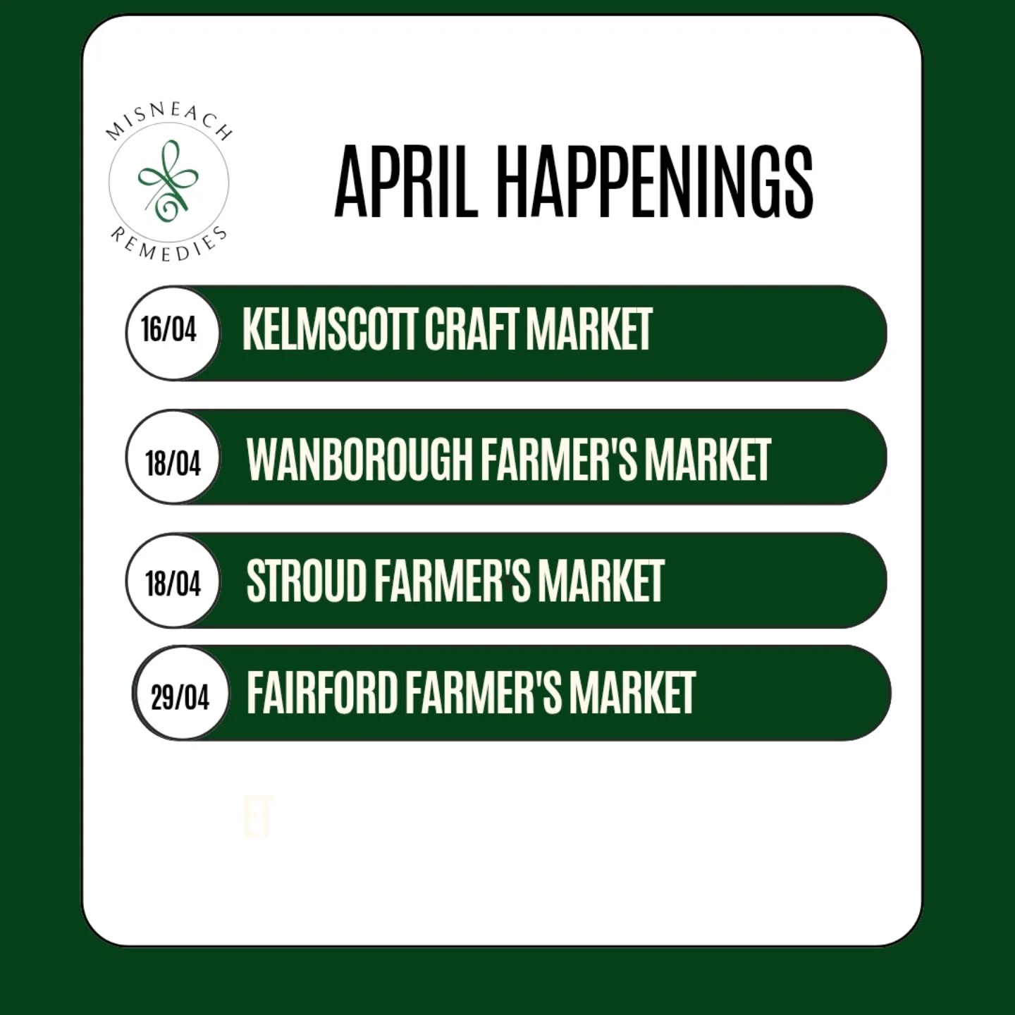 16th April - Kelmscott Craft Market, Morris Memorial Hall, Gloucestershire, 11am until 5pm
18th April - Wanborough Farmer's Market, 9am.until 12pm
18th April - Stroud Farmer's Market, 9am until 2pm
29th April - Fairford Farmer's Market, 9am until 1pm
Message me for more details,
Le grá,
Jennie xxx
#whatsongloucestershire #farmersmarkets #ArtisanMade #Wellbeing