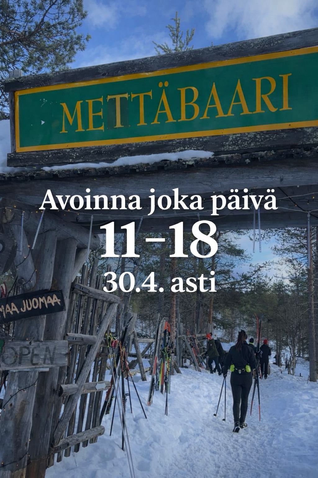 Olemme avoinna 30.4. asti!
ㅤ
Monotanssit ovat nyt ohi, mutta Mettäbaarista ei meno lopu! 🔥
ㅤ
🎶 Seuraavan kerran livemusaa: 23.–25.4. klo 14.00-17.00. (Duo Herrasmiehet)
🎉 30.4. perinteiset Liberation Day -loppubileet DJ Audin tahdittamana.
ㅤ
Vielä on talvea jäljellä! Tervetuloa! ❄️🎿🍻
ㅤ
#Mettäbaari #Saariselkä #Keväthanget #Lapland #AprèsSki
ㅤ
Monotanssit may be over, but the good times continue! 🔥
ㅤ
Mettäbaari is open daily from 11:00 to 18:00 until April 30.
ㅤ
🎶 Live music returns: April 23–25 (Duo Herrasmiehet)
🎉 April 30 – traditional Liberation Day closing party with DJ Audi
ㅤ
Winter isn’t over yet – see you on the ski trails! ❄️🎿🍻
ㅤ
#Mettäbaari #Saariselkä #SpringSkiing #Lapland #AprèsSki
