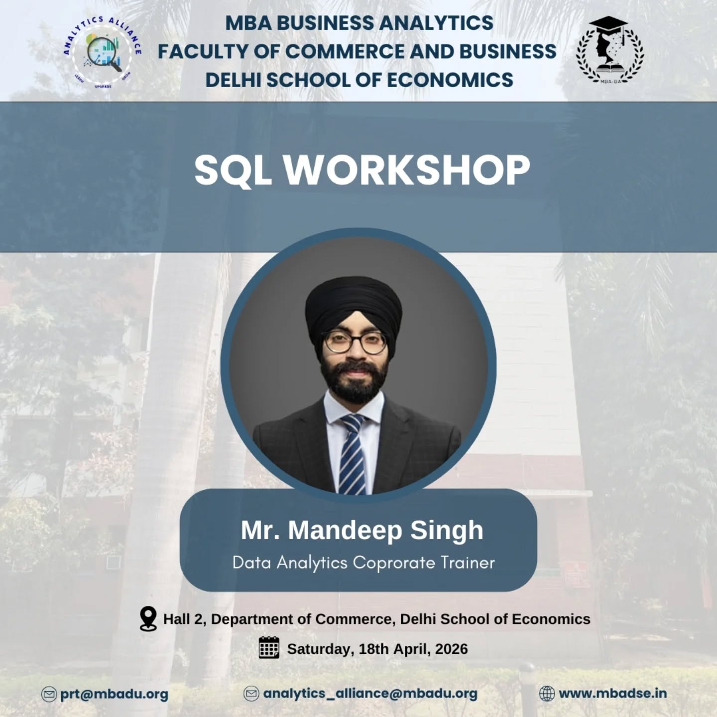 As data continues to shape modern decision-making across industries, SQL has become an essential skill for aspiring analysts and business professionals. A strong foundation in data querying and management is crucial for extracting meaningful insights and driving informed decisions.
Analytics Alliance is honoured to host Mandeep Singh for an engaging SQL Workshop, designed to equip students with practical knowledge and hands-on experience in working with databases.
Mandeep Singh is a Data Analytics Trainer with over 7 years of instructional experience. He specializes in Excel, Power BI, and SQL, and has delivered training sessions to a wide range of learners. Having designed project-based curricula for over 5000 students across workshops, webinars, and training programs, he brings extensive practical experience to the session. He also mentors professionals in optimizing their LinkedIn profiles for career growth, offering valuable industry-oriented insights.
Through this workshop, participants will gain a solid understanding of SQL fundamentals, practical applications, and industry-relevant skills essential for a career in analytics.
Date & Time:
• Saturday, 18th April - 9:30 AM onwards
• Monday, 20th April - 1:00 PM onwards
We encourage all interested students to make the most of this valuable learning opportunity.
#SQLWorkshop #AnalyticsAlliance #DataAnalytics #SQL #DSE