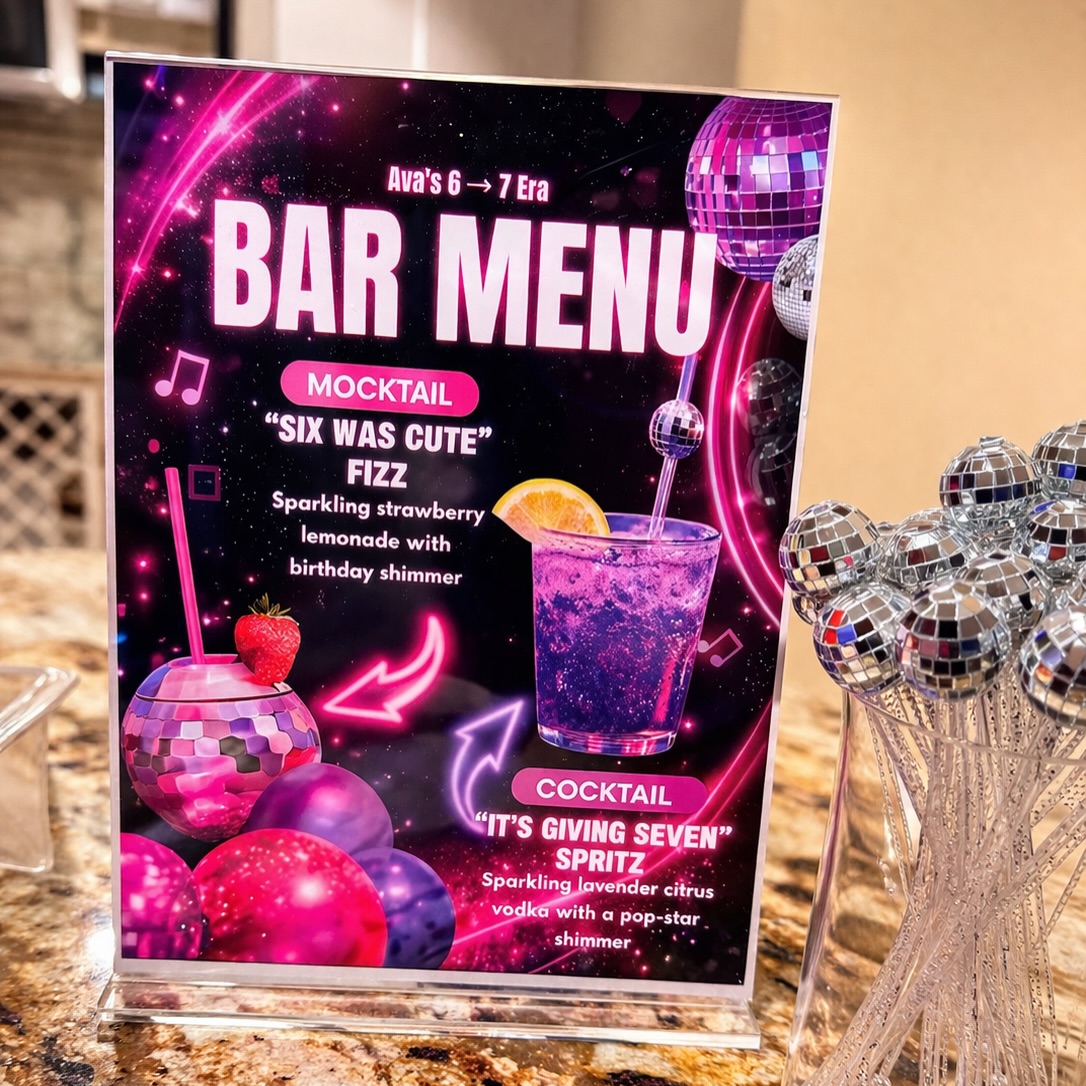 6 was cute… but it’s giving 7 💅🏽✨
We turned Ava’s birthday into a whole experience—from a custom bar menu moment to signature sips that matched the vibe perfectly 🍓💜🍋
Mocktail or cocktail… which one are you grabbing first? 👀
“Six Was Cute” or “It’s Giving Seven”?!
Drop your pick below ⬇️ (or vote in the poll 😉)
Because around here, even the drinks are part of the design.
#EventDesignATL #KidsPartyIdeas #CustomPartyDesign #PartyDetailsMatter #atlantaeventplanner