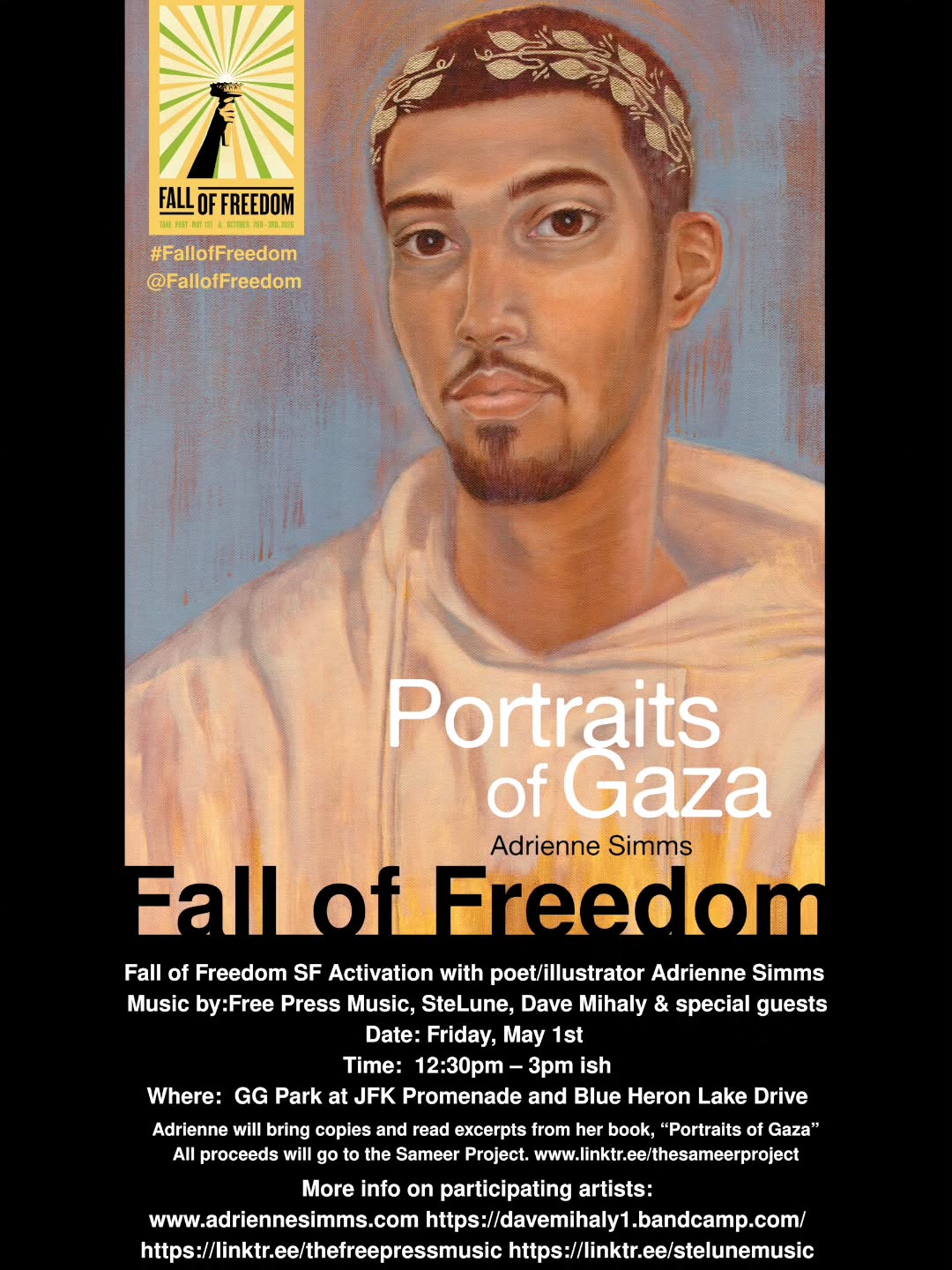 Please join @adriennesimmsart @mihalydave @ste.lune & @thefreepressmusic for a #FallofFreedom #Mayday #May1st activation in #GGPark #SF from 12:30pm to 3pm ish at the outdoor piano on JFK Drive and Blue Heron Lake Drive.
Adrienne will read excerpts from her zine " Portraits of Gaza" accompanied by improvised music (international jazz/blues and originals) In case of rain, check www.thefreepressmusic.com/contact for for an alternate indoor location. Special Thanks to @falloffreedom Adrienne will have copies of her book which will be donated to the Sameer Project. @thesameerproject