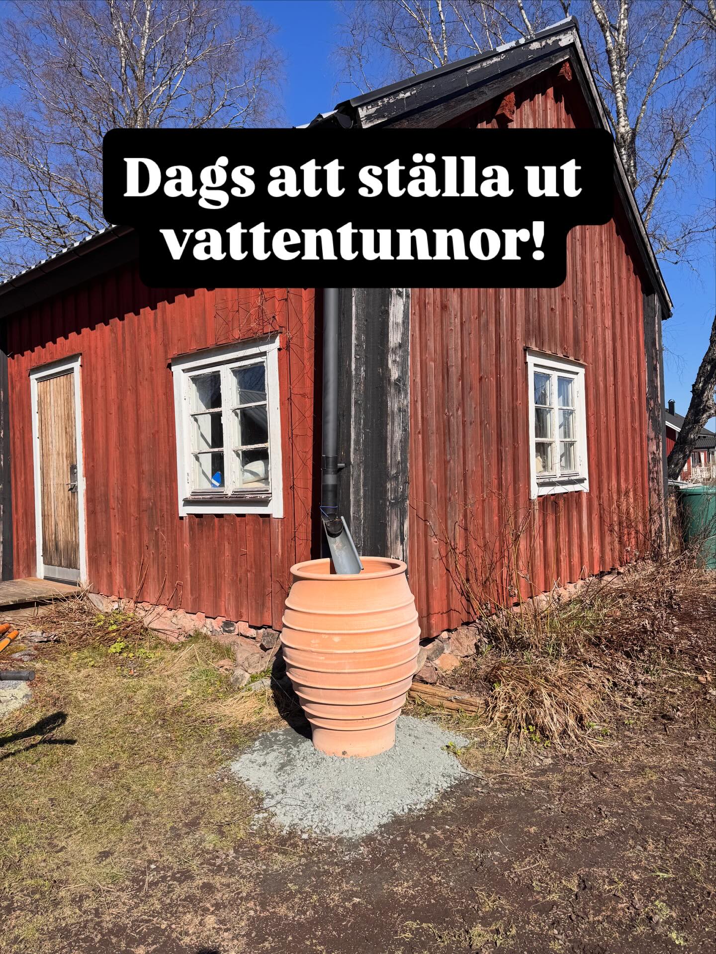 Nu har regntunnorna kommit på plats! Vissa vackrare än andra… Den i terrakotta fick jag av mina vänner i 40-årspresent. Den kommer från @sigtunaterrakotta 😍 och har en hedersplats i trädgården. Och de svarta i plast är från @biltemasverige. Om man odlar mycket är det så viktigt att samla så mycket vatten som möjligt! #trädgård #samlavatten #attgöraapril