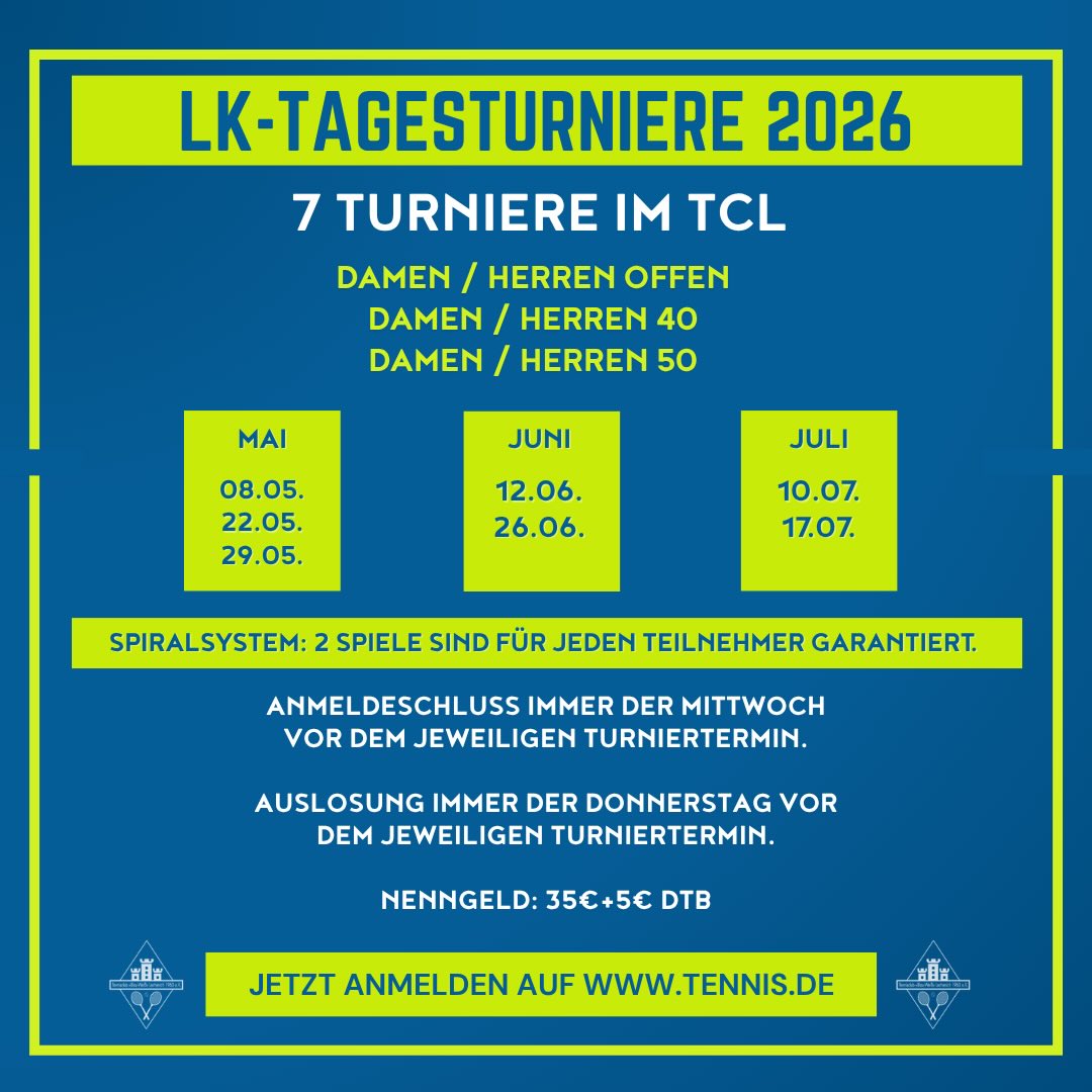 🎾 LK-TAGESTURNIERE 2026 🎾
Die neue Saison steht in den Startlöchern – und wir haben gleich 7 spannende LK-Tagesturniere für euch vorbereitet! 💪🔥
👥 Konkurrenzen:
Damen & Herren offen
Damen & Herren 40
Damen & Herren 50
📅 Termine:
Mai: 08.05. | 22.05. | 29.05.
Juni: 12.06. | 26.06.
Juli: 10.07. | 17.07.
✅ Spiral-System: Mindestens 2 Spiele für jeden Teilnehmer garantiert!
⏰ Meldeschluss: immer mittwochs vor dem Turnier
🎲 Auslosung: immer donnerstags vor dem Turnier
💰 Nenngeld: 35 € + 5 € DTB
👉 Jetzt anmelden auf www.tennis.de
Wir freuen uns auf spannende Matches und viele bekannte & neue Gesichter auf unserer Anlage! 🙌🎾
#TCLechenich #Tennis #LKTurnier #Tennisliebe #matchday