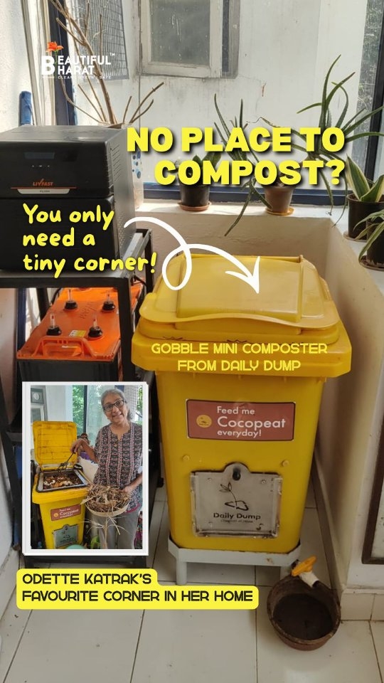 One of the popular reasons we hear often for not composting is, “I don’t have the space for it”.
Here’s @odettekatrak 's tiny corner in her balcony which has been more than sufficient space for many years now! It is also her favourite corner where the composting action is!
Odette shares that it was a specific conversation with @sonikabhasin abhasin, composting stalwart and ambassador, that brought up the idea of such a post, to make it known that no space is no longer a reason to not compost!
This sleek ‘Gobble Mini composter’ by @dailydumpcompost pcompost fits perfectly in small spaces, is so easy and hassle-free - just drop in your food scraps, add cocopeat and your compost magically happens, which you can pull out from the bottom a few weeks later!
The most common reason for not composting is now no longer a valid reason! So we ask you, what’s holding you back from composting? See this as motivation to start your composting journey TODAY! Less waste, more love for the planet!
Do connect to get more details - because composting is the single most powerful climate action we can all take from the comfort of our homes. And we strongly believe that more people composting helps our planet.
#Composting #BlackGold #ClimateAction #GobbleMini #BeautifulBharat