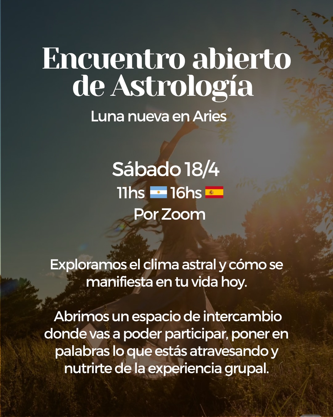 🔥 Encuentro Abierto de Astrología: Luna Nueva en Aries 🔥
Hoy a las 11 hs Argentina y 16 hs España nos encontraremos por Zoom junto a @portal.ank para reflexionar sobre esta Luna Nueva en Aries y abrir un espacio de intercambio real, donde ustedes también puedan compartir sus insights, vivencias y preguntas.
La intención de este encuentro no es solo transmitir información sobre el clima astral, sino también construir una experiencia colectiva, en la que podamos pensar juntas/os cómo esta lunación nos atraviesa, qué movimientos despierta y qué deseos quiere encender en cada una/o.
Para participar escribe la palabra ARIES y te mandamos el link por privado