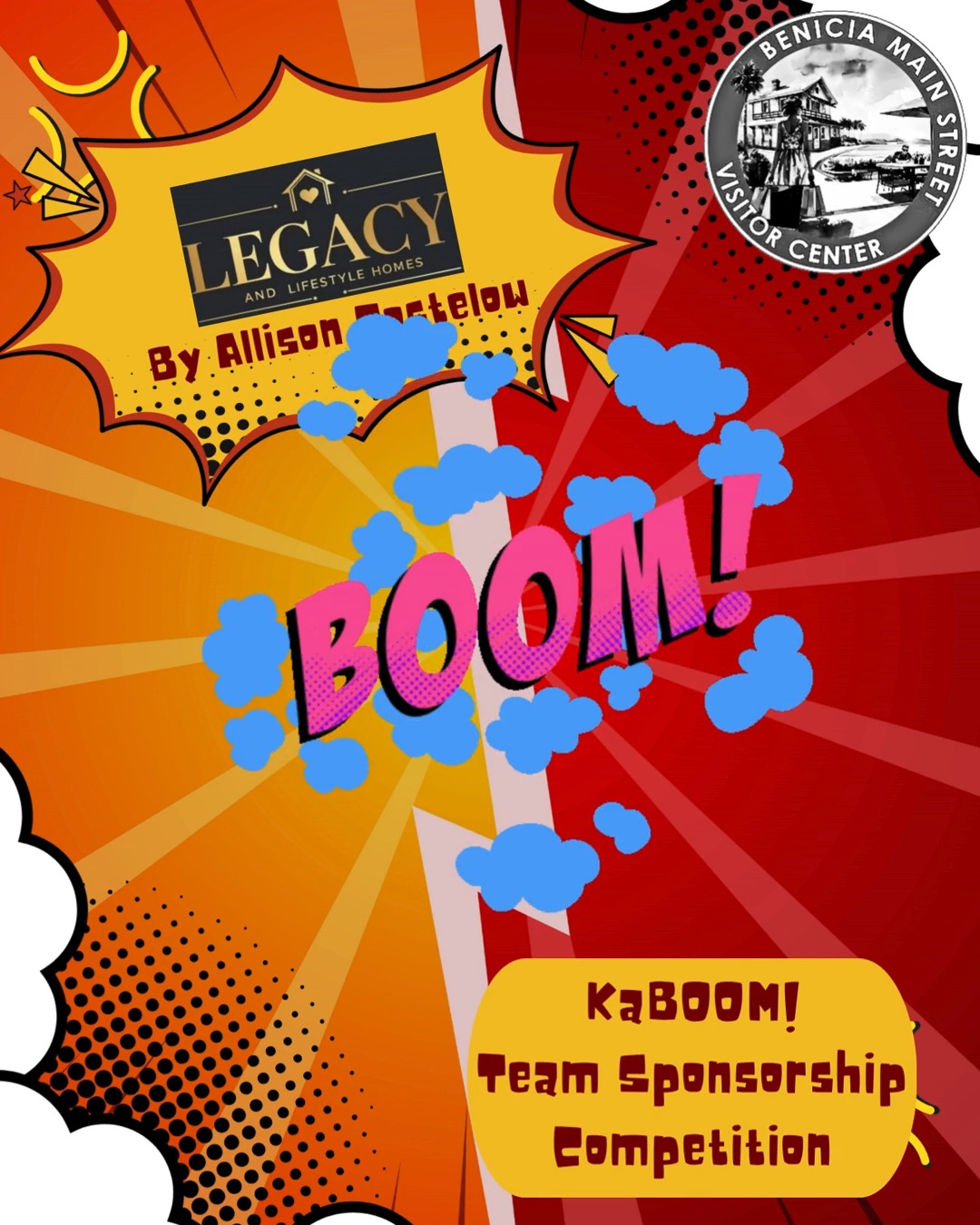 Welcome to our FIRST Fundraising Team for our KaBOOM! Team Sponsorship Competition ✨ Legacy And Lifestyle Homes By Allison Costelow! ✨ This competition helps to raise the funds to Light Up the Sky this Fourth of July here in Benicia, and we can have a little fun while we're at it! 😀
👉To create your own team for the KaBOOM! Team Sponsorship Competition, go to BeniciaMainStreet.org and under "Events" you'll select "Fourth of July fireworks" to learn all about it 🎉
Teams can be:
- Local businesses
- Community organizations
- Neighborhood groups
- Friends & family
Raise funds, submit your best good-natured “smack talk,” and we’ll share our favorites on social media for extra fun and visibility! The top three fundraising teams win:
- 1st Place: 10 prime-viewing seats & pre-fireworks reception
- 2nd Place: 6 prime-viewing seats & pre-fireworks reception
- 3rd Place: 4 prime-viewing seats & pre-fireworks reception
🔗 DONATE OR REGISTER YOUR TEAM TODAY at BeniciaMainStreet.org (under "Events") or give in person at our clear collection box:
- Benicia Main Street Visitor Center
- Benicia Certified Market, Thursdays starting April 30, 2026
Let's come together to light up Benicia's sky & spirit for America’s 250th! ✨
#LightUpTheBeniciaSky #BeniciaFireworks #beniciacommunity
@legacyandlifestylehomes