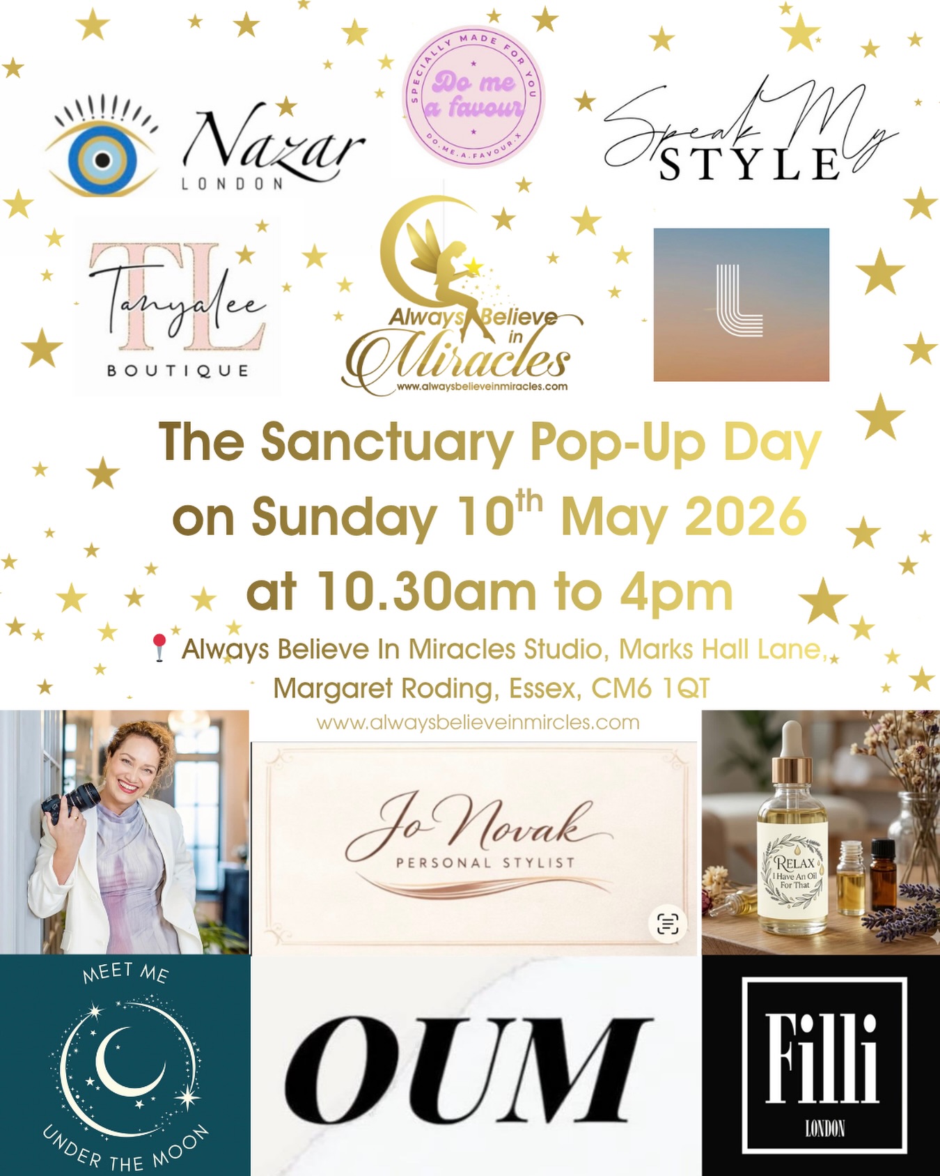 The Sanctuary Pop-Up ✨🧚♀️
🗓 Sunday 10th May 2026 | 10:30am – 4:00pm
📍 Always Believe In Miracles Crystal Sanctuary & Studio, The Stables, Marks Hall Lane, Margaret Roding, Essex, CM6 1QT
This is not just a pop-up… it’s a feel good event ✨
Creating this because I’ve always loved hosting pop-up events — and now to bring that energy into the Sanctuary & Studio feels really special and another vision coming to life for me 💫
This event is about creating a space, a buzz and supporting incredible women doing amazing things in their field.
✨ Jewellery & bespoke pieces
✨ Colour styling
✨ Brand photography
✨ Aromatherapy oils
✨ Candles & ritual tools
✨ Vitamin Injections
✨ Gym wear, Clothing, accessories, sunglasses and of course Crystals 🛍️✨
This is about more than wellness.
Because feeling good isn’t just the inner work… it’s the outer too.
Sometimes it’s the smallest things —
a piece of jewellery, the right outfit, a pair of sunglasses — that completely shift how you feel and how you show up.
And when something makes you feel amazing… keep doing it 💫
✨ Shop
✨ Mingle
✨ Connect
✨ Support local, like-minded women
✨ Small businesses that are creating
Women supporting women 🤍
These are all online brands and this is your moment to meet the women behind them, feel their energy and connect beyond the screen 💛✨💫
Take your time, explore, and feel into what’s right for you…
We can’t wait to welcome you 💫
@relax_i_have_an_oil_for_that
@filli_london
@tanyaleeboutique
@houseofcolour_jonovak
@_meetmeunderthemoon
@veruschkabaudo_photography
@do.me.a.favour.x
@lvitaminlab
@speak_style_
@nazar__london
@layla_jamesy
@alwaysbelieveinmiracles_
Any questions, please let any of us know.
Thank you as always for your support and hope to see you at the first of many hopefully 🙏🏼
Details on this event can be found on the event page ✨
Much love
Natasha 💚🧚✨
Address: Always Believe In Miracles, The Stables, Marks Hall Lane, Margaret Roding, Essex CM6 1QT (The Reid Rooms)
#popupshops #popupshopping #events #supportlocal #boutiqueshop