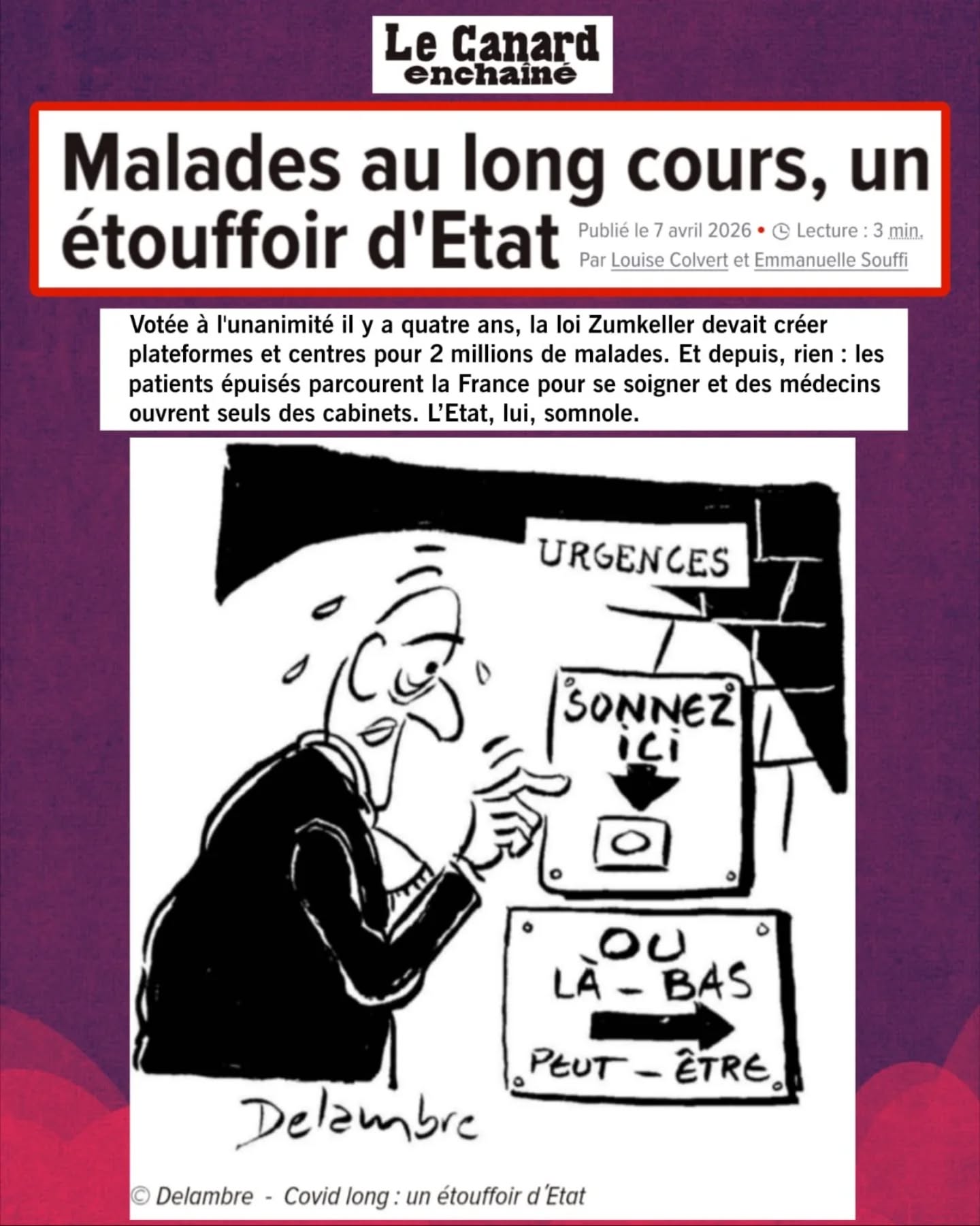 đ§” #CovidLong : combien de temps encore va-t-on fermer les yeux ?
Merci au Canard Enchaßné, Emmanuelle Souffi et Louise Colvert.
2 MILLIONS de Français touchés.
700 000 formes sévÚres.
Des vies Ă lâarrĂȘt. đ§ đ«
Une loi votée en 2022 pour organiser les soins.
âĄïž Toujours pas appliquĂ©e.
âĄïž « Quel suivi lâĂ©tat a-t-il mis en place pour ces victimes ? RĂ©ponse : aucun. »
#LoiCovidLong
Pendant ce temps :
â DĂ©ni
â Retards
â Promesses non tenues
Michel Zumkeller :
đŹÂ« On mâavait promis que ça irait vite⊠» âł
đŹ Â«Â le gouvernement et lâassurance maladie refusent de compter les malades. Pour eux le Covid long câest fini depuis deux ans. »
Sur le terrain ?
Des patients obligĂ©s de traverser la France pour se soigner. đ
Notre étude #ApresJ20 :
âĄïž 1 Breton sur 6 doit quitter sa rĂ©gion pour se faire soigner.
Le Covid long est une maladie réelle.
« Pas une vue de lâesprit. »
Mais invisibilisĂ©e. MinimisĂ©e. IgnorĂ©e. đ¶
Résultat :
des milliers de vies brisĂ©es, des patients Ă©puisĂ©s, oubliĂ©s. đ
Merci au Canard EnchaĂźnĂ© pour avoir remis la rĂ©alitĂ© en face. đ„
https://www.lecanardenchaine.fr/sante/53581-malades-au-long-cours-un-etouffoir-d-etat
#ApresJ20 CovidLong
@sante_gouv @stephanie.rist #HAS_sante Assur_Maladie @gouvernementfr @lecanardenchaine
