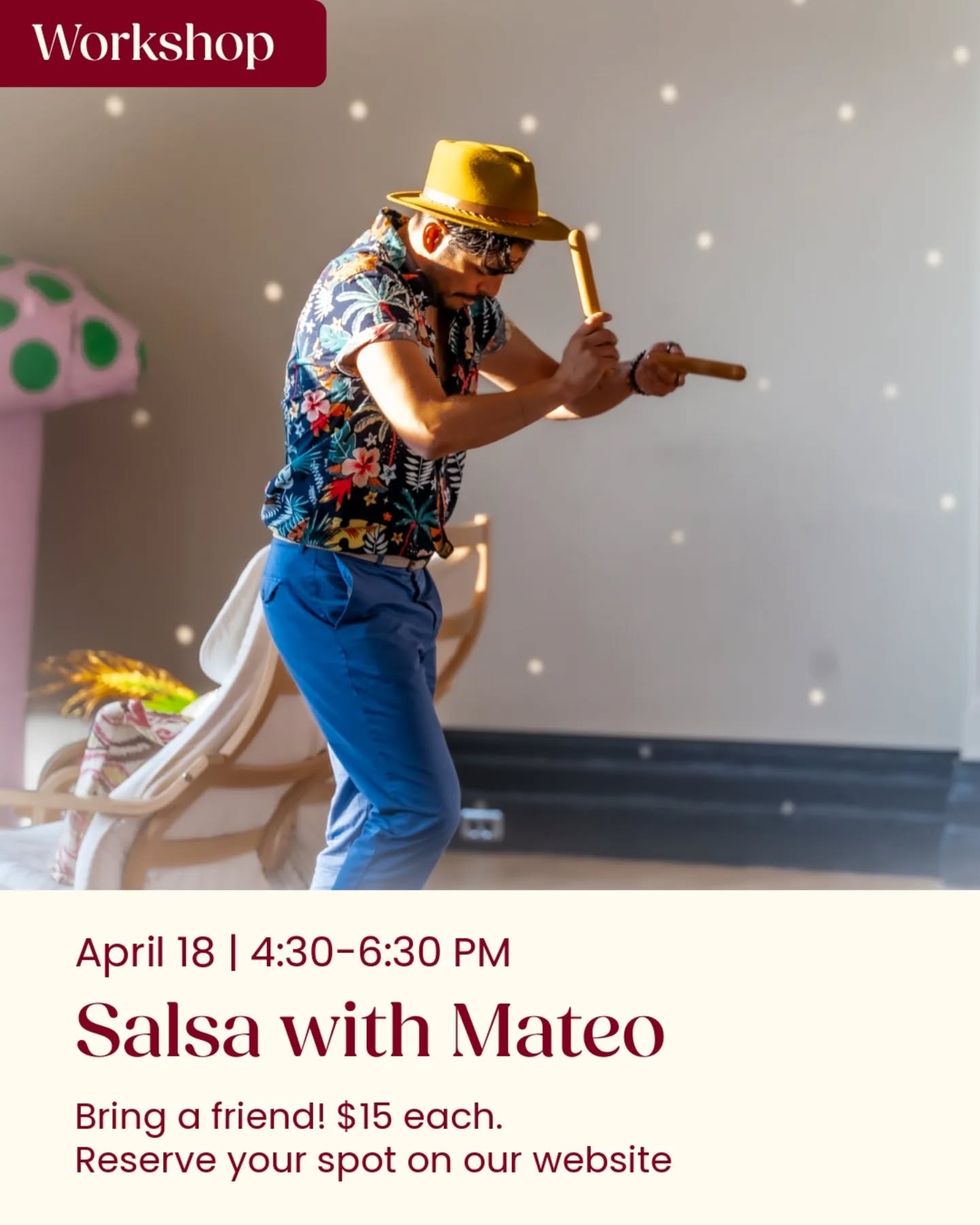 Meet Mateo!
Mateo G. Torres is a Colombian-Canadian multidisciplinary artist, educator and arts organizer with a particular interest in the human body and the way it moves. A professionally trained dancer, Mateo has choreographed, produced and collaborated in many original works under the name GUETCHA GUARITCHA, and has performed nationally and internationally for live theatre, film and multidisciplinary projects. As an educator, Mateo has taught at universities, colleges, studios, festivals, gyms and boutique fitness studios around the world. As an arts organizer, Mateo has supported the production of works by many artists and companies. Most recently, Mateo has been leading the development and facilitation of the Stratford Festival EDI Pre Rehearsal Orientations.
Mateo’s work is highly influenced by his ancestral roots; politically charged and rooted in our collective present experience. Mateo is committed to cultivating welcoming and responsive spaces that consider people’s needs and foster active self-reflection and care, and to create work relevant to our historical and geographical context, focused on community building based on equity.
Salsa is a social dance meant to be welcoming to everyone. We will focus on leading and following improvisational skills, as well as deepening our sense of musicality. It will be lots of fun!
Join Mateo for an exciting 2-hour-long Salsa dance workshop on April 18 from 4:30-6:30pm. Bring a friend and sign-up on our website! Remember that since this is a special workshop, memberships will not be accepted.