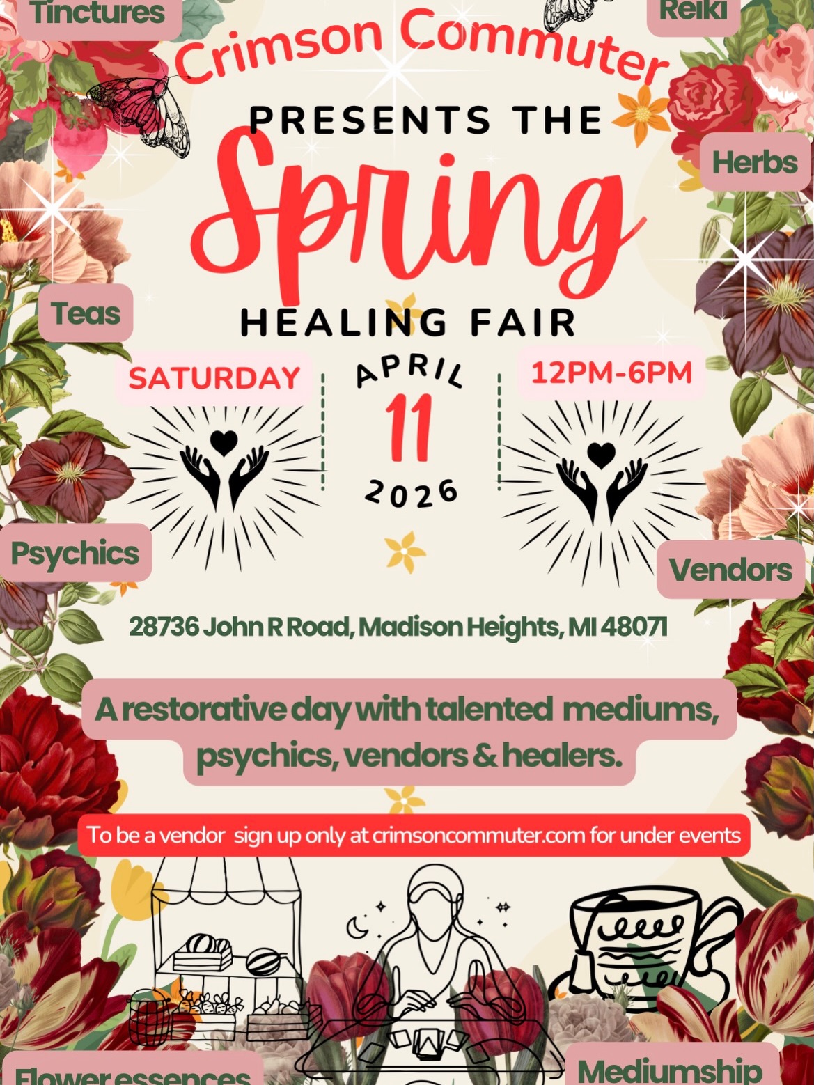 join us for a day of mediumship, vendors. & spring shopping🌷💕✨Jewelry items, flower essence& Aura sprays, psychic readings with connection to passed loved ones. The Crimson Commuter store us full of new crystals, clothing, jewelry, divination tools, tarot decks, herbs, teas, & candles. There is a little something for everyone. Come celebrate the sunny day with us for our Spring Healing Fair.