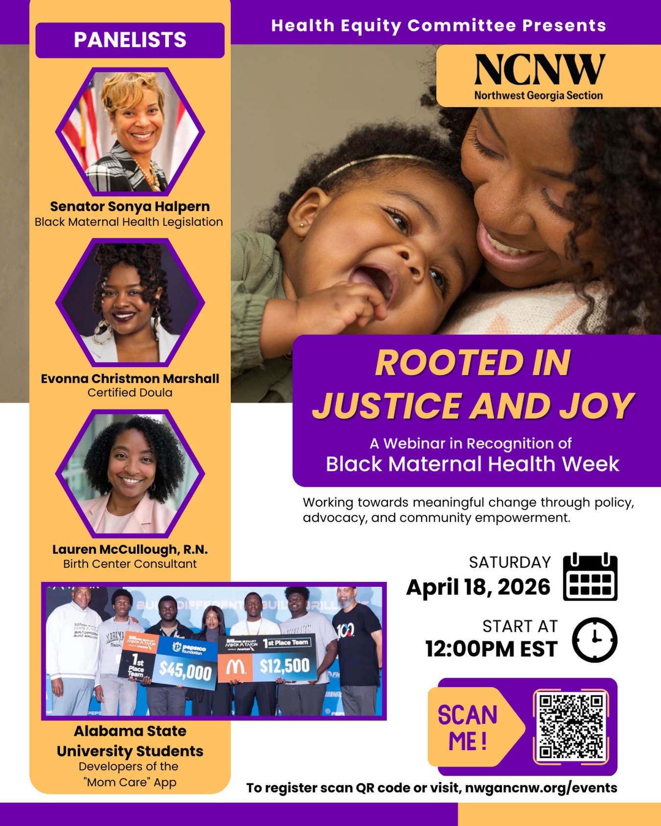 I’m honored to have participated in this webinar hosted by the National Council of Negro Women (NCNW) Northwest Georgia Section in recognition of Black Maternal Health Week.
The panel, titled “Rooted in Justice and Joy,” brought together healthcare professionals, advocates, and policy leaders to discuss strategies for improving maternal health outcomes and advancing equity for mothers and families.
During the discussion, I shared updates on Black maternal health legislation and policy efforts underway in Georgia, alongside fellow panelists including certified doula Evonna Christmon Marshall and birth center consultant Lauren McCullough, R.N. The webinar also highlighted innovative solutions from Alabama State University students, developers of the Mom Care app.
#BlackMaternalHealthWeek #Sonya4GA