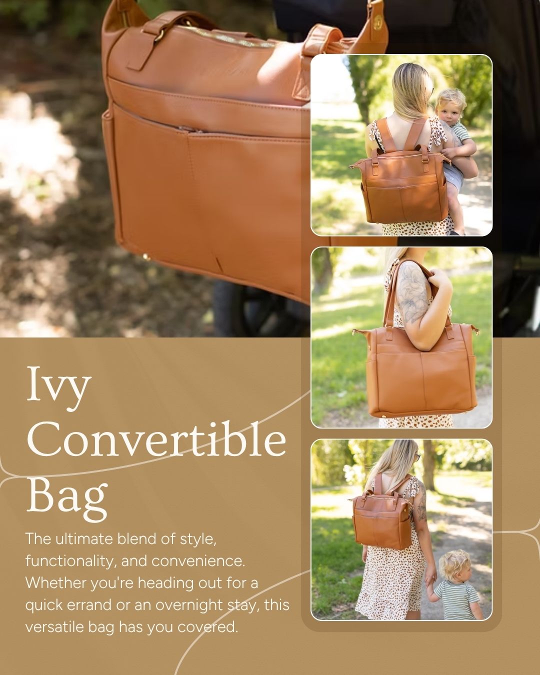 Designed for mums who want something functional but still stylish.
The Ivy Convertible Bag gives you the space of a nappy bag with the look of a handbag, plus the option to wear it as a backpack when you need hands free.
Perfect for everyday use, travel, and everything in between.