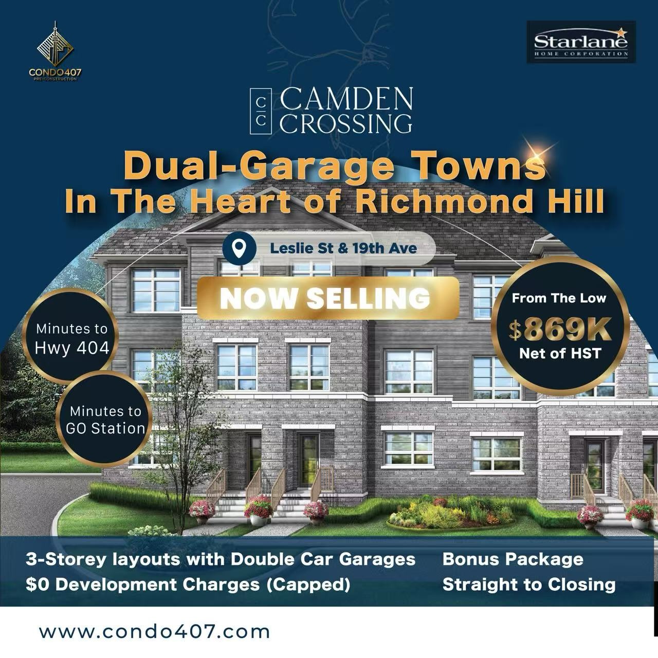 UNBELIEVABLE VALUE in Richmond Hill! Dual-Garage Towns from $869K at Camden Crossing 🏡
Stop searching—the deal of the year has arrived! Experience high-end living at 19th Ave & Leslie St with Starlane’s exclusive release. These 3-storey rear-lane towns are priced to move FAST.
🏡 2-Car Garage Townhomes
📍 19th Ave & Leslie St
💰 Starting from $869,000 (Net of HST)
✨ Why This Is a Must-Buy:
Efficient Design: 3-Storey layouts with Double Car Garages (No backyard maintenance required).
Investor’s Dream: $0 Development Charges (Capped) – No hidden costs at closing!
Bonus Package: Complimentary high-quality appliance set included.
Straight to Closing: Estimated completion in 12-18 months with Direct Final Closing.
📍 Prime Location: Located in the heart of Richmond Hill. Minutes to Hwy 404, GO Station, and top-tier schools. This is a rare opportunity to own a dual-garage property in a premium neighborhood for under $1M.
💰 Flexible Deposit Structure: $120,000 total over 120 days ($30K x 4 installments). Ask me about flexible payment adjustments to suit your financial planning!
📢 Act Now! First come, first served. Units at this price point in Richmond Hill are expected to sell out within hours.
Contact me today to submit your worksheet and secure your unit before they are gone!
🔥 COMING SOON. DM for floorplans and early access.
📩 Contact today:
☎️ 416.856.1997
📧 info@condo407.com
🌐 www.condo407.com
#CamdenCrossing #Starlane #RichmondHillRealEstate #RichmondHillHomes#condo407vip