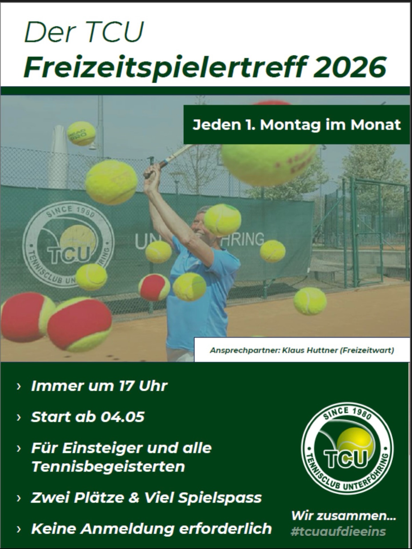 Liebe Tennisfreunde,
für alle interessierten Spielerinnen und Spieler des TCU bieten wir auch in diesem Jahr wieder einen offenen Freizeitspielertreff an. Die sportlichen Begegnungen finden jeden
1. Montag im Monat, ab 17.00 Uhr statt.
Angesprochen sind hier alle Mitglieder, besonders die, die nicht am Mannschafts- und Punktspielbetrieb teilnehmen, sondern einfach nur Tennis spielen wollen, um Technik, Kondition, Koordination und Taktik auszubauen, oder einfach um Spaß zu haben.
Ihr seid alle herzlich eingeladen zusammen Tennis zu spielen und wer möchte, kann anschließend den sportlichen Teil in geselliger Runde ausklingen lassen.
Zwei Plätze werden vorreserviert. Weitere Plätze buchen wir nach Bedarf vor Ort. Eine Anmeldung ist nicht erforderlich. Lasst uns also mit Schwung und Spielfreude in die Freiluftsaison starten.
Der erste Treff findet am Montag, 04.05.2026, statt.
Klaus Huttner
Freizeitwart