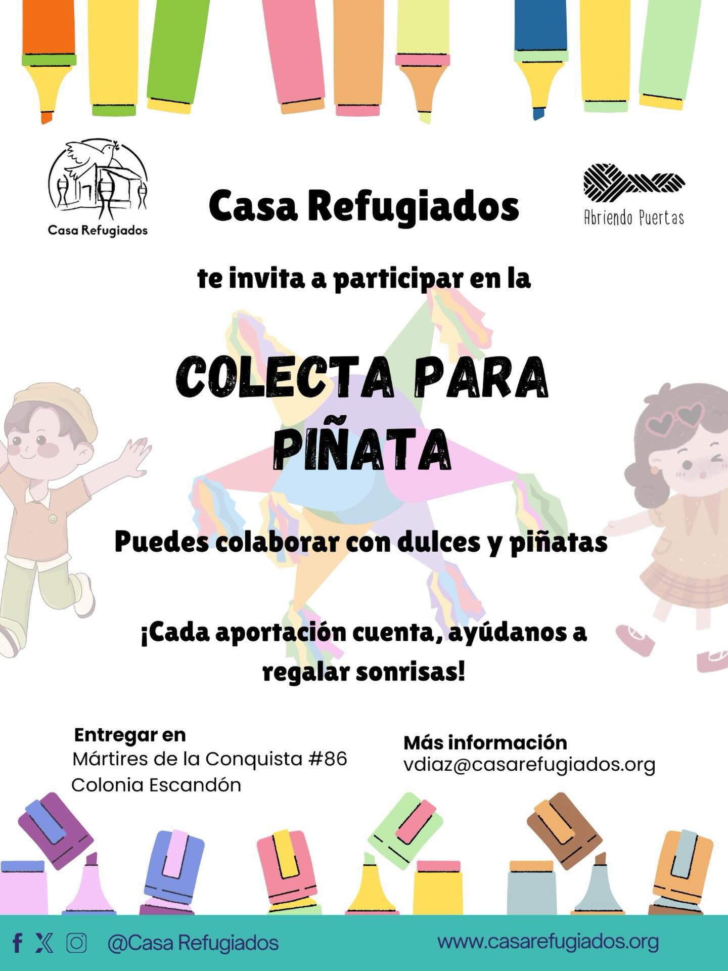 🍬 Colecta de dulces para el Día de la Niñez
En Casa Refugiados estamos preparando una celebración para compartir un momento de alegría con las infancias de la comunidad que acompañamos.
Te invitamos a sumarte donando dulces para la piñata. Cada aportación ayuda a hacer posible un espacio de encuentro, juego y cuidado colectivo.
Gracias 🍭
#SolidaridadAnteLaIncertidumbre