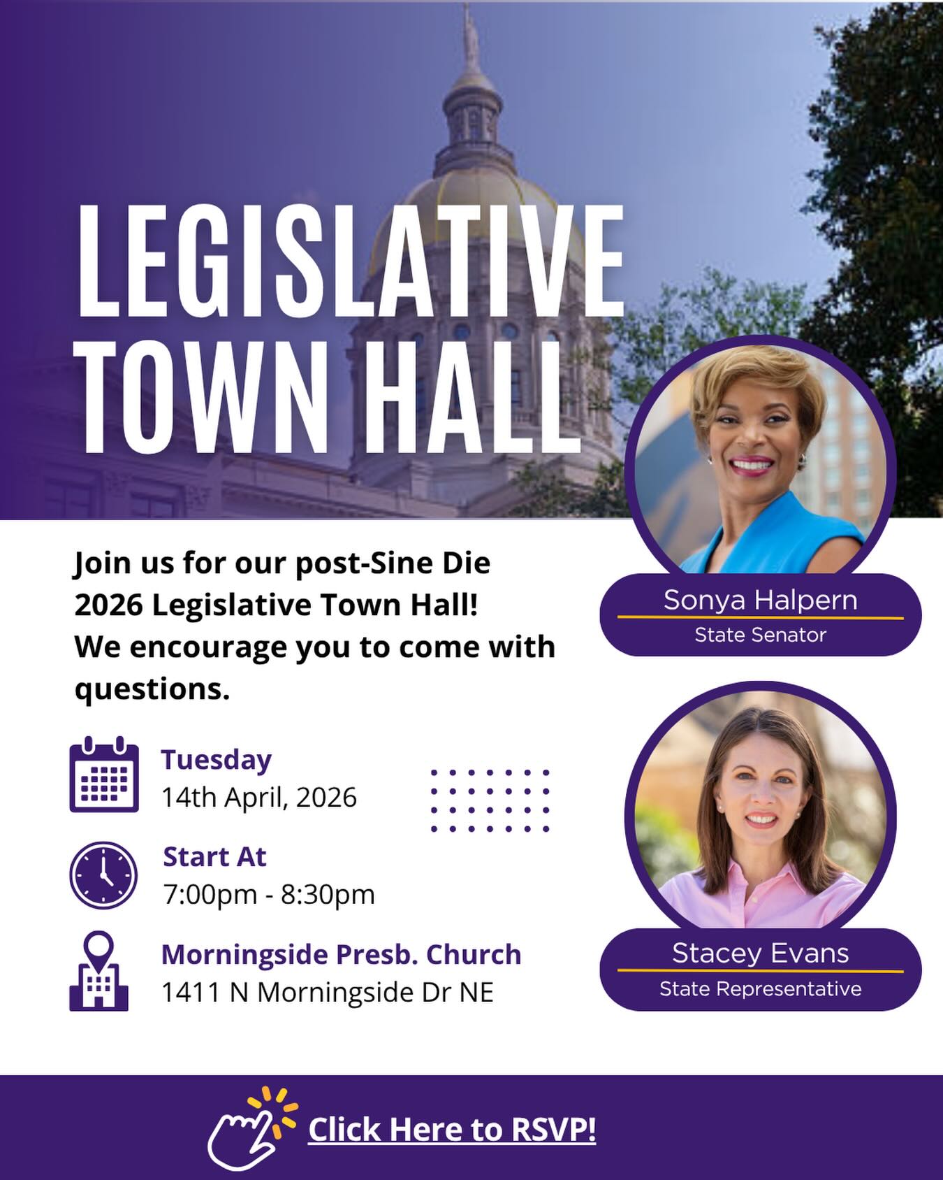 Join me this Tuesday for an important conversation about what’s next for our community!
After the 2026 legislative session, @evansforgeorgia and I are bringing the conversation directly to you. This Town Hall is your opportunity to ask questions, share your voice, and stay informed on the issues impacting District 39 and all of Georgia.
Tuesday, April 14
7:00 PM - 8:30 PM
Morningside Presbyterian Church
Your voice matters. Your perspective matters. I hope to see you there.
#SonyaOnYourSide #LegislativeTownHall #GApol #CommunityFirst #District39