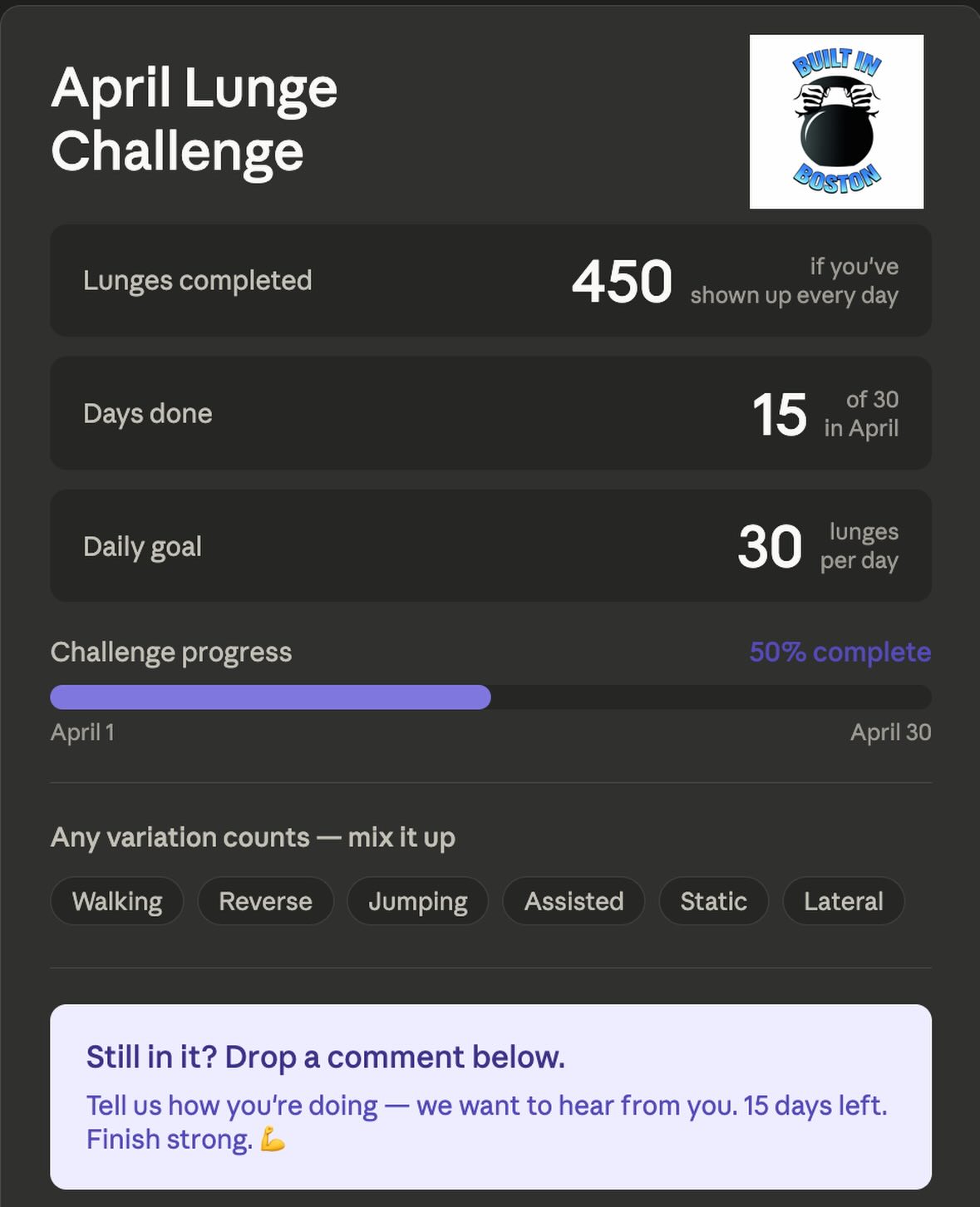 We are halfway through our April lunge challenge! That’s 450 lunges total for the month if you’ve been keeping up…450 more to go! 💪🏼 Who’s still with us?!