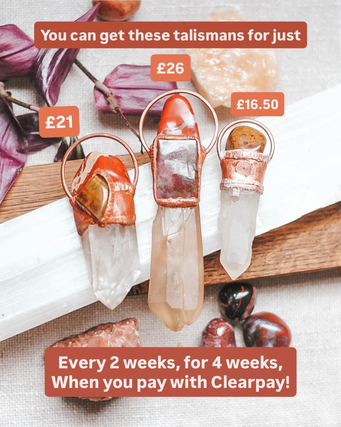 Pay for your handmade crystal talisman in 4 interest-free payments, spread out bi-weekly, when you pay with @clearpay_uk on coppermyst.com 💎
A great way to make a piece of magic really affordable 🥰