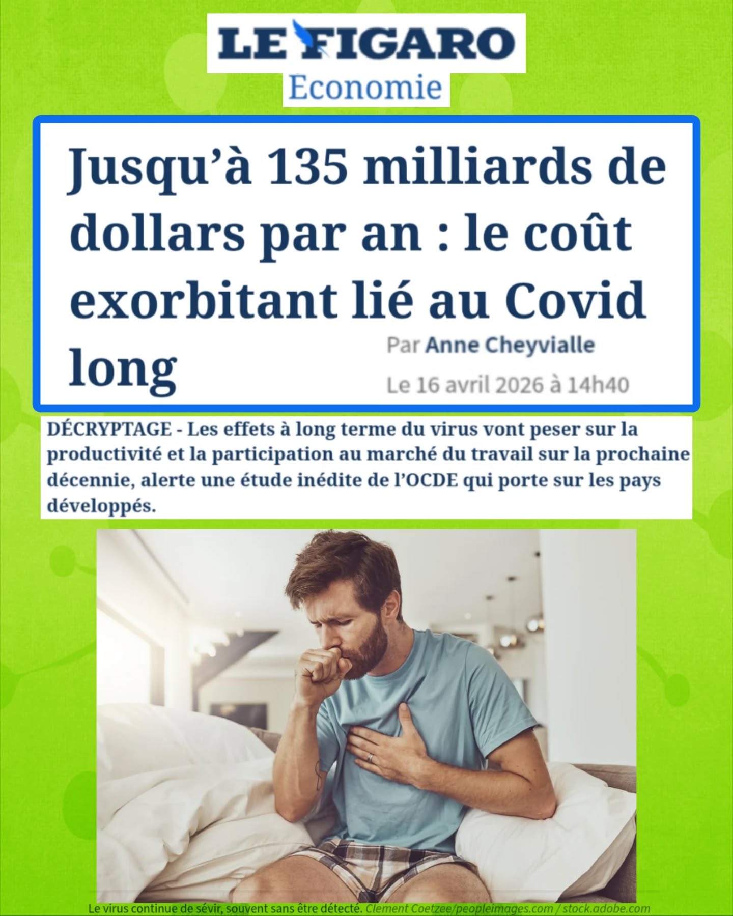 đ§”đRĂ©sumĂ© dâun article du Figaro (Anne Cheyvialle) basĂ© sur une Ă©tude de lâOCDE : le #CovidLong reprĂ©sente un coĂ»t Ă©conomique majeur pour les pays dĂ©veloppĂ©s, estimĂ© jusquâĂ 135 milliards de dollars par an sur la prochaine dĂ©cennie.
đŒSelon lâOCDE, ce coĂ»t concerne les 38 pays membres et reflĂšte surtout :
- la baisse de productivité
- la diminution de la participation au marché du travail
- les absences prolongées et démissions
- les effets durables sur la croissance
đLâĂ©tude Ă©voque une perte de PIB de 0,1 Ă 0,2 % dans des scĂ©narios oĂč la circulation du virus reste âfaible ou modĂ©rĂ©eâ, montrant que le SARS-CoV-2 continue dâavoir un impact Ă©conomique malgrĂ© la fin de la phase aiguĂ« de la pandĂ©mie.
đŠ Le #CovidLong est dĂ©fini comme la persistance de symptĂŽmes au-delĂ de 3 mois aprĂšs lâinfection, pouvant inclure fatigue, troubles cognitifs, difficultĂ©s de concentration, troubles du sommeil ou encore tachycardie, selon lâOCDE.
đLâarticle rapporte que, pour Guillaume Dedet (OCDE), âtout le monde, en rĂ©alitĂ©, est confrontĂ© au risque dâavoir un Covid longâ, notamment en raison de la circulation persistante du virus et des rĂ©infections possibles.
đAu pic de 2021, environ 75 millions de personnes auraient Ă©tĂ© concernĂ©es dans les pays de lâOCDE (soit plus de 5 % de la population).
Les projections anticipent encore 1 % de nouveaux cas par an dâici 2035.
đ„Sur le plan Ă©conomique, les coĂ»ts de santĂ© directs sont estimĂ©s Ă :
âą53 milliards de dollars en 2021
âąenviron 11 milliards par an Ă long terme
Mais lâessentiel des pertes vient des effets indirects sur le travail.
đ©âđŒLâOCDE estime que le #CovidLong perturbe la situation professionnelle dâenviron 1 travailleur sur 5 parmi les personnes touchĂ©es, avec une perte de 5 Ă 10 % de capacitĂ© de travail la 1Ăšre annĂ©e.
â ïžCes impacts sâinscrivent dans un contexte dĂ©jĂ fragilisĂ© : faible croissance Ă©conomique, vieillissement de la main-dâĆuvre et baisse de productivitĂ© dans plusieurs pays dĂ©veloppĂ©s.
⏠Suite en commentaire âŹ
@the_oecd @stephanie.rist @sante_gouv @gouvernementfr @travail_gouv @economie_gouv