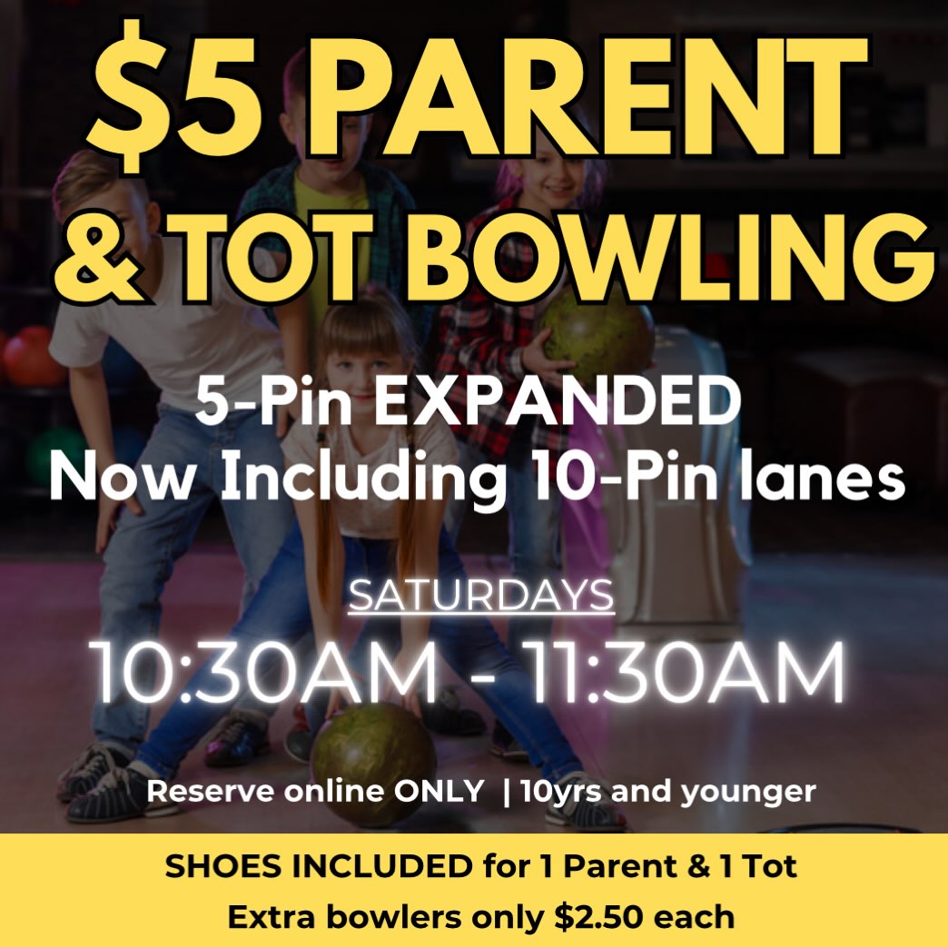 Big news— Parent and Tot bowling EXPANDED to 10-pin lanes! 🎳✨
Saturday mornings are made for bowling with your littles 💛
Bring the whole crew—extra bowlers are just $2.50 each 🙌
Easy, affordable, and full of smiles from 10:30–11:30
Spots go quick—grab yours online and let’s roll! 🎳