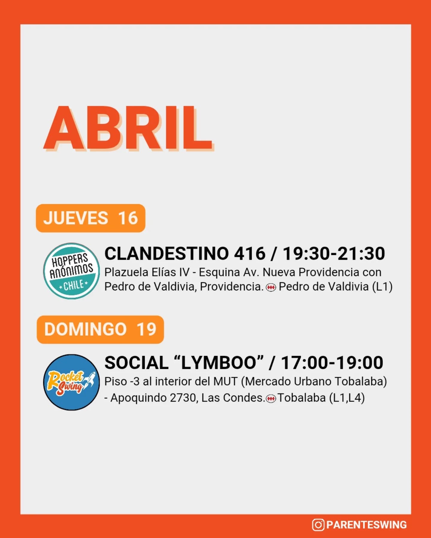 ✨Todos los eventos son gratuitos y abiertos a todo público, a menos que se indique valor de entrada 💸
‼️Cualquier modificación o nuevo evento en los comentarios de esta publicación 👇🏻 y/o por historias 👆🏻
🤔 Qué es un Clandestino o Baile Social?
Una instancia donde fanáticos de los bailes swing (Lindy hop, Balboa, Shag, Solo jazz) se reunen a compartir, hacer comunidad y a la vez, practicar.
❌ Las actividades publicadas NO son instancias de clases para aprender a bailar, a menos que se indique “Clase Abierta/Gratis”.
👀 Quieres aprender a bailar?
En nuestra historia destacada “CLASES” encuentras los formularios de inscripción con toda la información a los distintos cursos del mes de las escuelas de bailes swing ✨
Nos vemos en la pista! 💃🏻🕺🏻🔥
#lindyhopchile #swingchile #panoramasgratis #swingdancechile #swingdancingchile