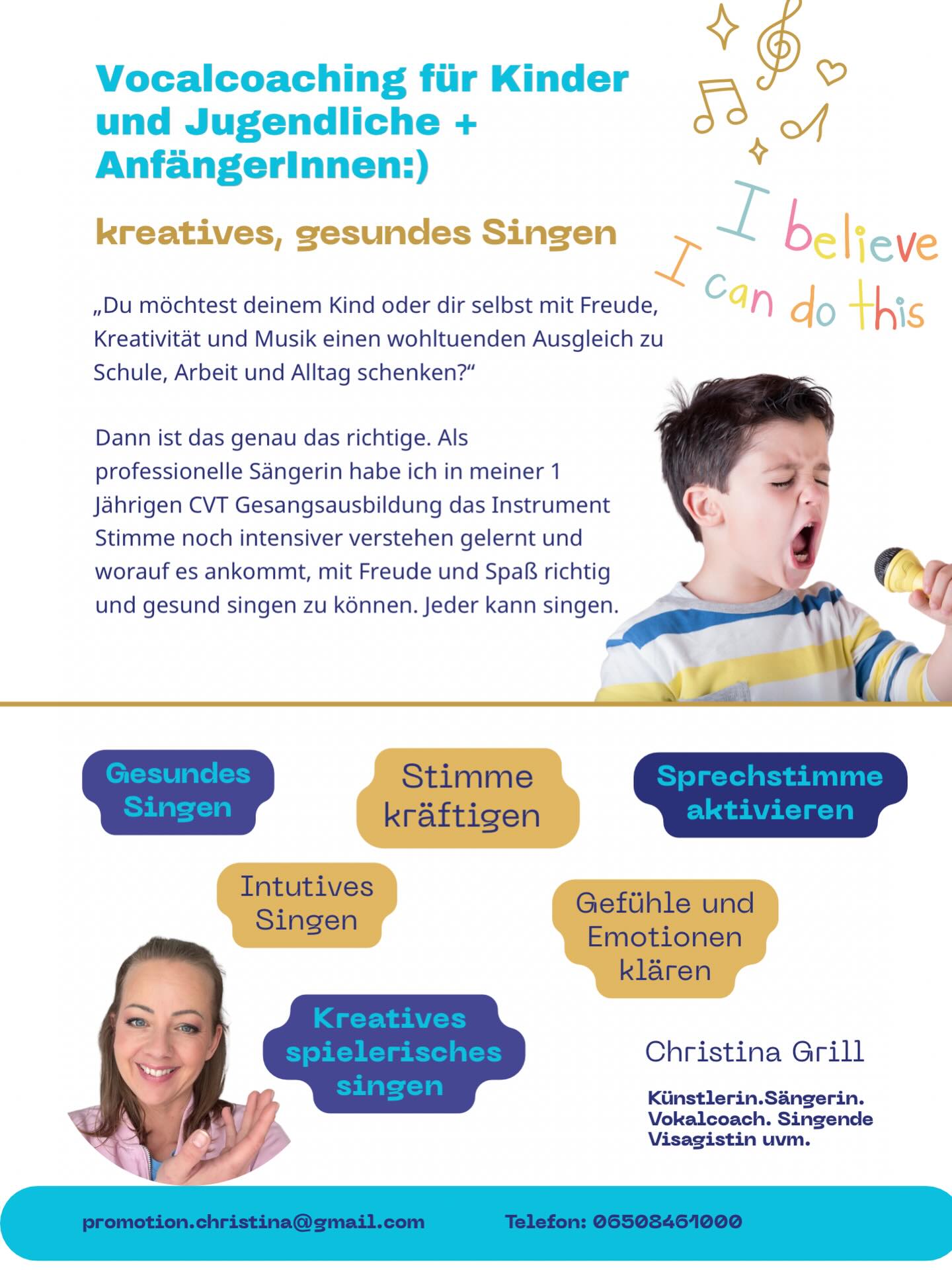 ❝𝐊𝐫𝐞𝐚𝐭𝐢𝐯𝐞𝐬 𝐆𝐞𝐬𝐮𝐧𝐝𝐞𝐬 𝐒𝐢𝐧𝐠𝐞𝐧 - 𝐕𝐨c𝐚𝐥𝐜𝐨𝐚𝐜𝐡𝐢𝐧𝐠 𝐟ü𝐫 𝐊𝐢𝐧𝐝𝐞𝐫 𝐮𝐧𝐝 𝐉𝐮𝐠𝐞𝐧𝐝𝐥𝐢𝐜𝐡𝐞 + 𝐀𝐧𝐟ä𝐧𝐠𝐞𝐫𝐈𝐧𝐧𝐞𝐧❞
Es berührt mich, Menschen dort abzuholen, wo sie gerade stehen, und sie dabei zu begleiten, egal ob bei der Planung bei der Hochzeit als Braut-Stylistin und Hochzeitssängerin oder als Vocal-Coach. Jede Stimme ist einzigartig. Und genau das sichtbar und hörbar zu machen, ist meine Aufgabe.
Als professionelle Sängerin und All-in-One-Künstlerin hat mich das Instrument Stimme schon immer besonders fasziniert. Durch viele Jahre Erfahrung in unterschiedlichen Bereichen der Kunst- und Musikbranche konnte ich mich stetig weiterentwickeln und mein Wissen kontinuierlich vertiefen – von der Bühnensängerin über die Singer/Songwriterin bis hin zu verschiedenen Gesangsweiterbildungen.
Doch die Sicht durch die CVT- Sängerausbildung hat sich dadurch stark zum positiven verändert.
Nach meiner ❝𝐞𝐢𝐧𝐣ä𝐡𝐫𝐢𝐠𝐞𝐧 𝐂𝐕𝐓-𝐒ä𝐧𝐠𝐞𝐫𝐚𝐮𝐬𝐛𝐢𝐥𝐝𝐮𝐧𝐠 𝐛𝐞𝐢 @voicepro.studio - 𝐁𝐚𝐫𝐛𝐚𝐫𝐚 𝐒𝐭𝐫𝐞𝐥𝐞,❞ konnte ich meine Kenntnisse nochmals intensivieren und das Instrument Stimme sowie den ❝𝐙𝐮𝐬𝐚𝐦𝐦𝐞𝐧𝐡𝐚𝐧𝐠 𝐳𝐰𝐢𝐬𝐜𝐡𝐞𝐧 𝐊ö𝐫𝐩𝐞𝐫 𝐮𝐧𝐝 𝐒𝐭𝐢𝐦𝐦𝐞 𝐚𝐮𝐜𝐡 𝐟𝐚𝐜𝐡𝐥𝐢𝐜𝐡 𝐟𝐮𝐧𝐝𝐢𝐞𝐫𝐭❞ verstehen und alle Modes erlernen.
Die Arbeit mit Menschen besonders Kinder liegt mir dabei am Herzen.
Ich freu mich also sehr auf Dich und dein Kind.
Du kannst gerne einen Schnuppertermin buchen:)
Schreibe mir einfach per Whats App.
In Liebe Christina