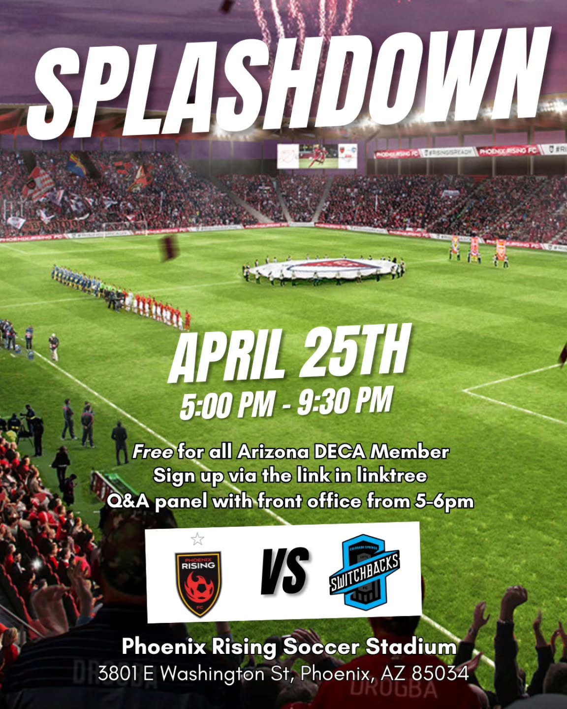 SPLASHDOWN TIME!! Join us on Saturday April 25th to cheer on your Phoenix Rising as they take on the Colorado spring Switchbacks. If you're going be sure to sign up via the link in the linktree.
