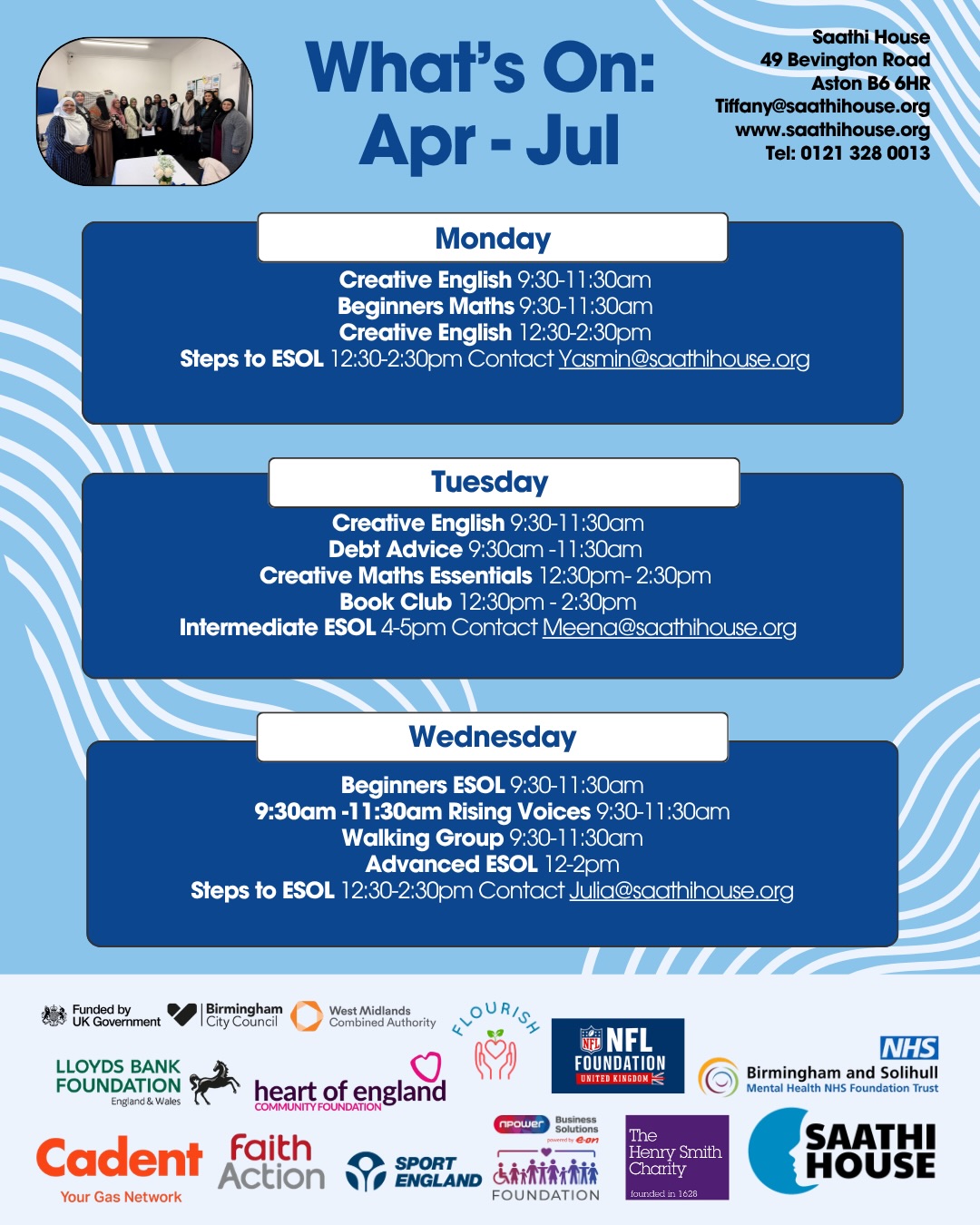 What’s On at Saathi House | April - July ✨
Looking for a welcoming space to learn, connect & grow? 💙
We’ve got a full programme of free and low-cost activities running throughout the week!
🗓️ Weekly sessions include:
📚 Creative English & ESOL
🧮 Maths support
💪 Fitness & low-impact exercise
🩺 Health workshops & 1-1 support
💻 Digital skills
📖 Book club
👧 Girls Youth Club
📍 Saathi House, Aston
📞 Call: 0121 328 0013
🌐 www.saathihouse.org
Whether you want to improve your skills, focus on your wellbeing, or meet new people, there’s something here for you 🌸
👉 Save this post & share with someone who might benefit!
#CommunitySupport #WomenSupportingWomen #BirminghamCommunity #Wellbeing