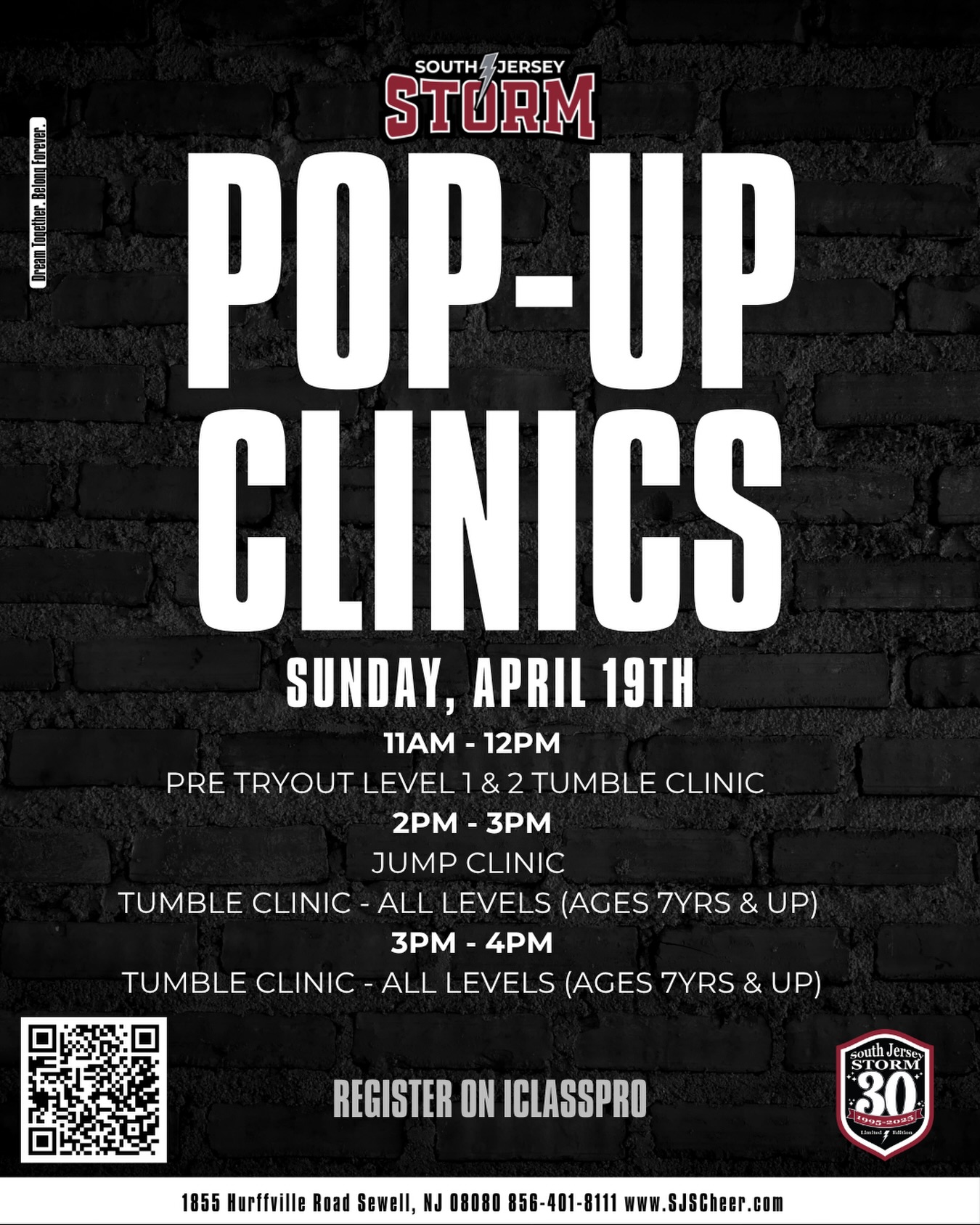 Join us for our Pop-Up Clinics TOMORROW! Whether you’re preparing for tryouts or building your skills, we’ve got sessions for every athlete.
📲 Register now on iClassPro
#SouthJerseyStorm #PopUpClinic #CheerTraining #TumbleClinic #sjsjerseysbest