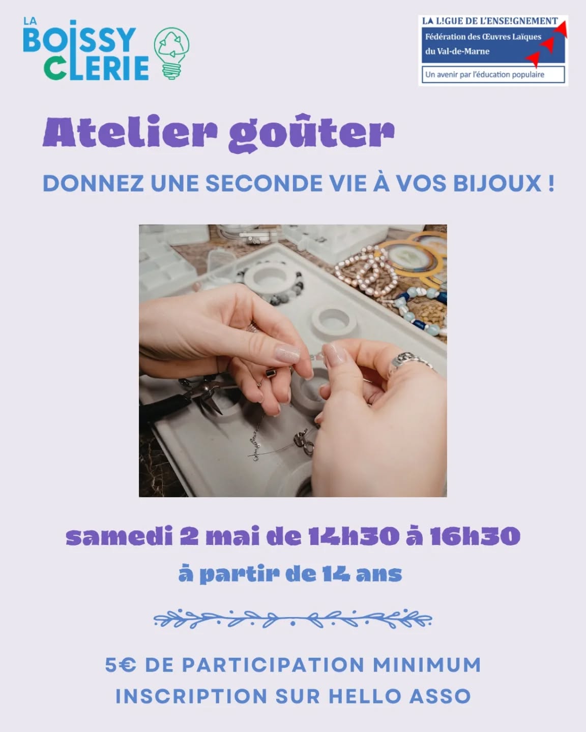 L'atelier bijoux revient sous une nouvelle forme pour ce mois de mai 🦋
Rejoignez-nous pour un atelier goûter autour de la transformation et du recyclage de bijoux ! Vous pouvez même amener vos propres bijoux pour les réutiliser ou les réparer ♻️
Participez à un moment convivial et repartez avec vos créations uniques ! 💎
Une participation solidaire de 5€ minimum est demandée pour contribuer au fonctionnement de notre association. Votre soutien nous permet de continuer à proposer des ateliers accessibles à tous et à toutes 🩵
Inscriptions via le formulaire Hello Asso à retrouver dans notre bio !