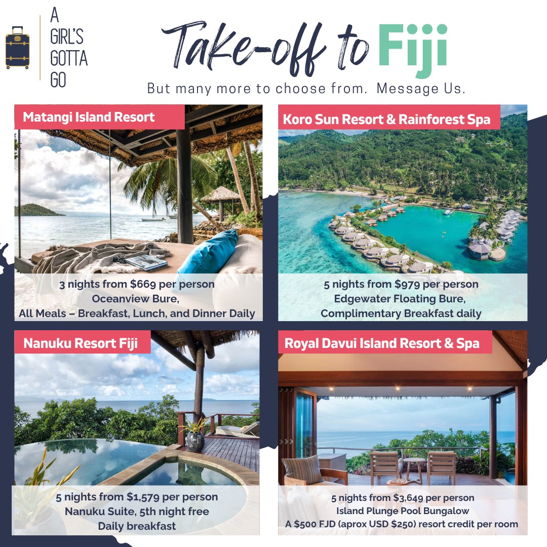 Take-Off to Fiji 🌺✈️ ✨🌴
Dreaming of turquoise lagoons, palm-lined beaches, and pure island serenity? Fiji is calling...
For a limited time, enjoy exclusive offers at top Fiji resorts, including:
✔️ Resort credits
✔️ Complimentary nights
✔️ Daily breakfast
✔️ Special added values
🌟 Bonus Offer:
Stay 5 nights or more and receive a $200 instant booking credit (when booked by A Girl's Gotta Go April 1–30, 2026 at select resorts)
📅 Book by: April 30, 2026
🌺 Travel through: December 18, 2026
From overwater bures to lush tropical escapes, Fiji is the perfect destination for honeymoons, celebrations, or a true getaway-from-it-all experience.
📩 Message A Girl’s Gotta Go to start planning your Fiji escape!
#TravlInStyle #TKO #Fiji #LuxuryTravel #IslandEscape #BucketListTravel #HoneymoonGoals
