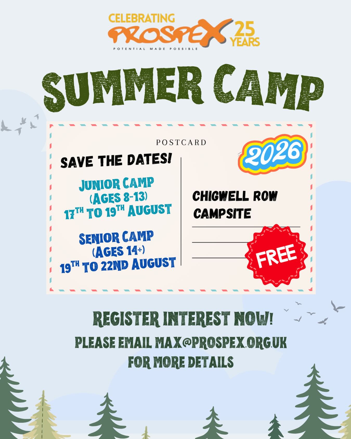 Save the date! 🏕️ We’re excited to announce our 2026 Summer Camp at Chigwell Row!
This year, we’ll be dividing our age groups in two, with our junior group staying from the 17th to the 19th and our senior group from the 19th to the 22nd. ☀️
Contact us now to register your interest for a week of outdoor adventure, all completely free! 🤯