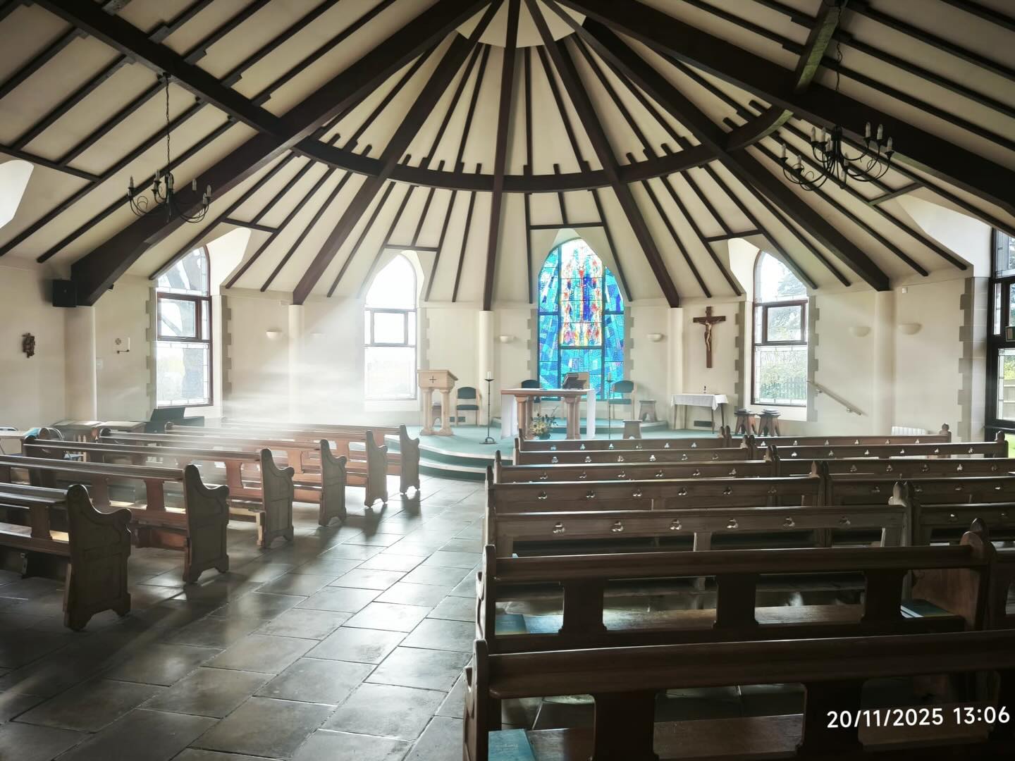 Isn’t the inside of Our Lady Queen of Apostles Church just beautiful. The shape is so unique, and the stained glass is wonderful.
#ourladychurch #stswithunwellsparish #catholicchurch #stainedglass