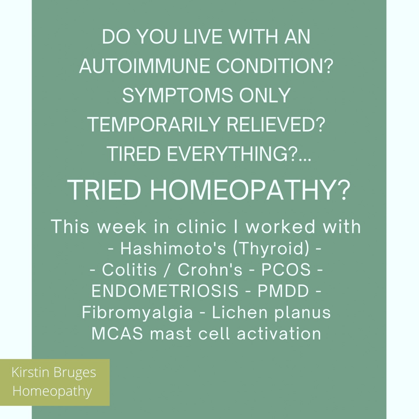 Cooled down after the Aries ♈️ heat this week? Feeling the inflammation rise…physically or emotionally?
Living with an autoimmune condition can be overwhelming, especially during intense energetic shifts. This week in clinic I’ve supported people navigating Hashimoto’s, Rheumatoid Arthritis, Psoriasis, Crohn’s, PCOS, Endometriosis, Colitis, Fibromyalgia, Lichen Planus and MCAS (Mast Cell Activation Syndrome).
Homeopathy offers individual support—addressing both physical symptoms and the emotional load of chronic conditions. It works to gently rebalance your system, supporting you as a whole, not just isolated symptoms.
New patient appointments available from June, in-clinic Edinburgh or online
Book direct: kirstin.bruges@hotmail.com
Or via my website: https://kirstinbrugeshomeopathy.gettimely.com
A little about me…
Alongside clinic work, I create homeopathic learning resources, lecture at the NorthWest College of Homeopathy, and supervise both student and professional homeopaths.
My background blends science and art. I trained in herbal medicine during my time at Napier’s Herbalists—one of the UK’s oldest dispensaries—and completed postgraduate training in Homeobotanicals. Before homeopathy, I studied Fine Art and Museum Studies at St Andrews University.
When I’m not in clinic, you’ll usually find me walking, moving, stretching the body—or enjoying good food and beautiful things.
Curious how homeopathy could support you? Get in touch.