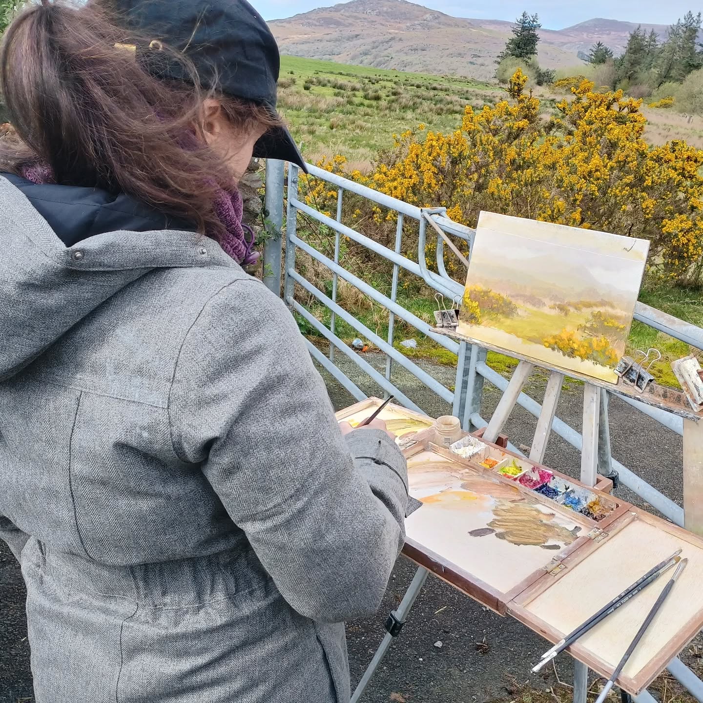 It was a rainy cold morning so I sought the brightness of the gorse to paint. This is my favourite painting coat, the -40 Aurora coat!- Very toasty.